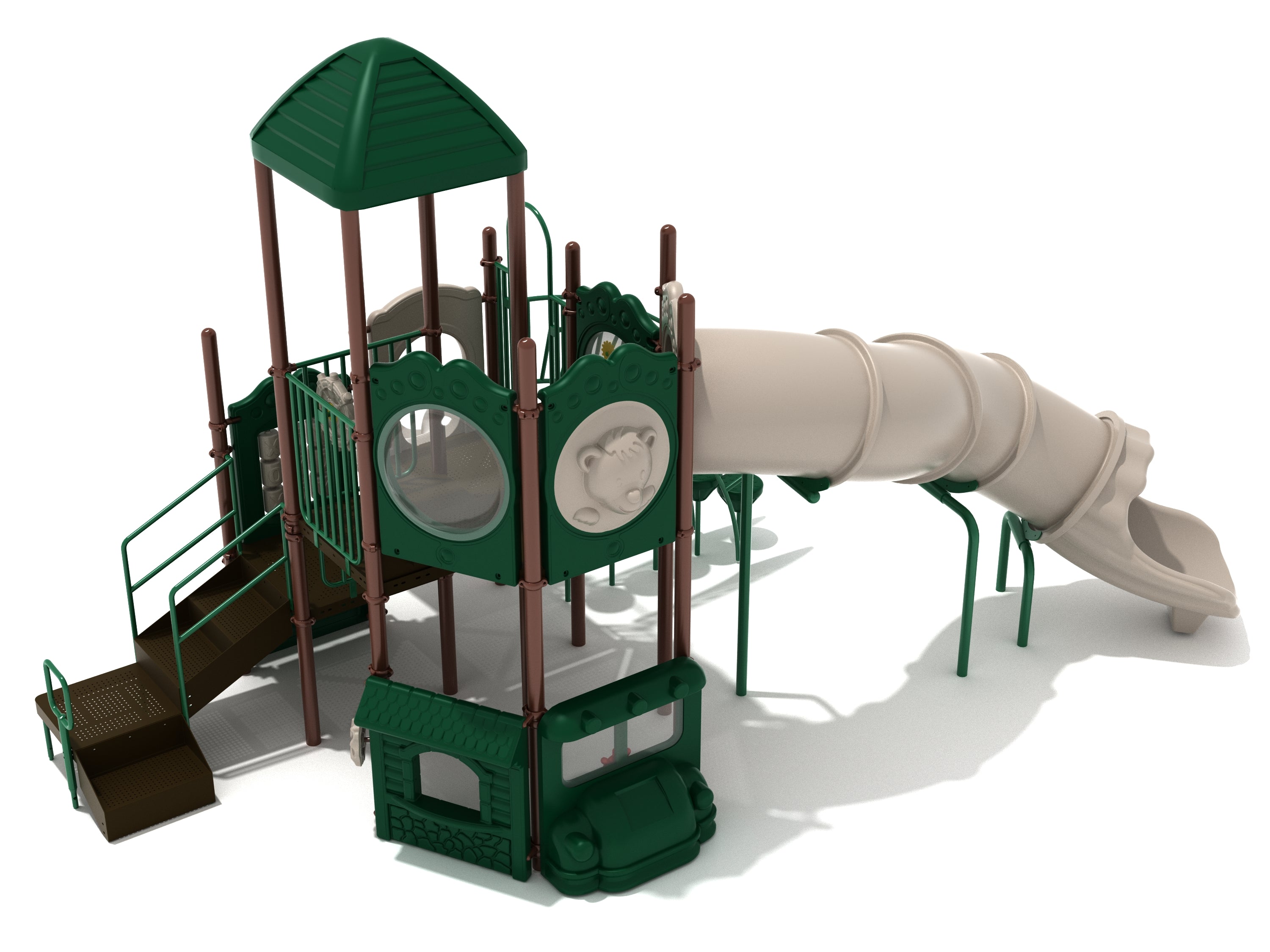 Multi-level playground with green bear face panel, bubble window, stairs, and beige curved tube slide