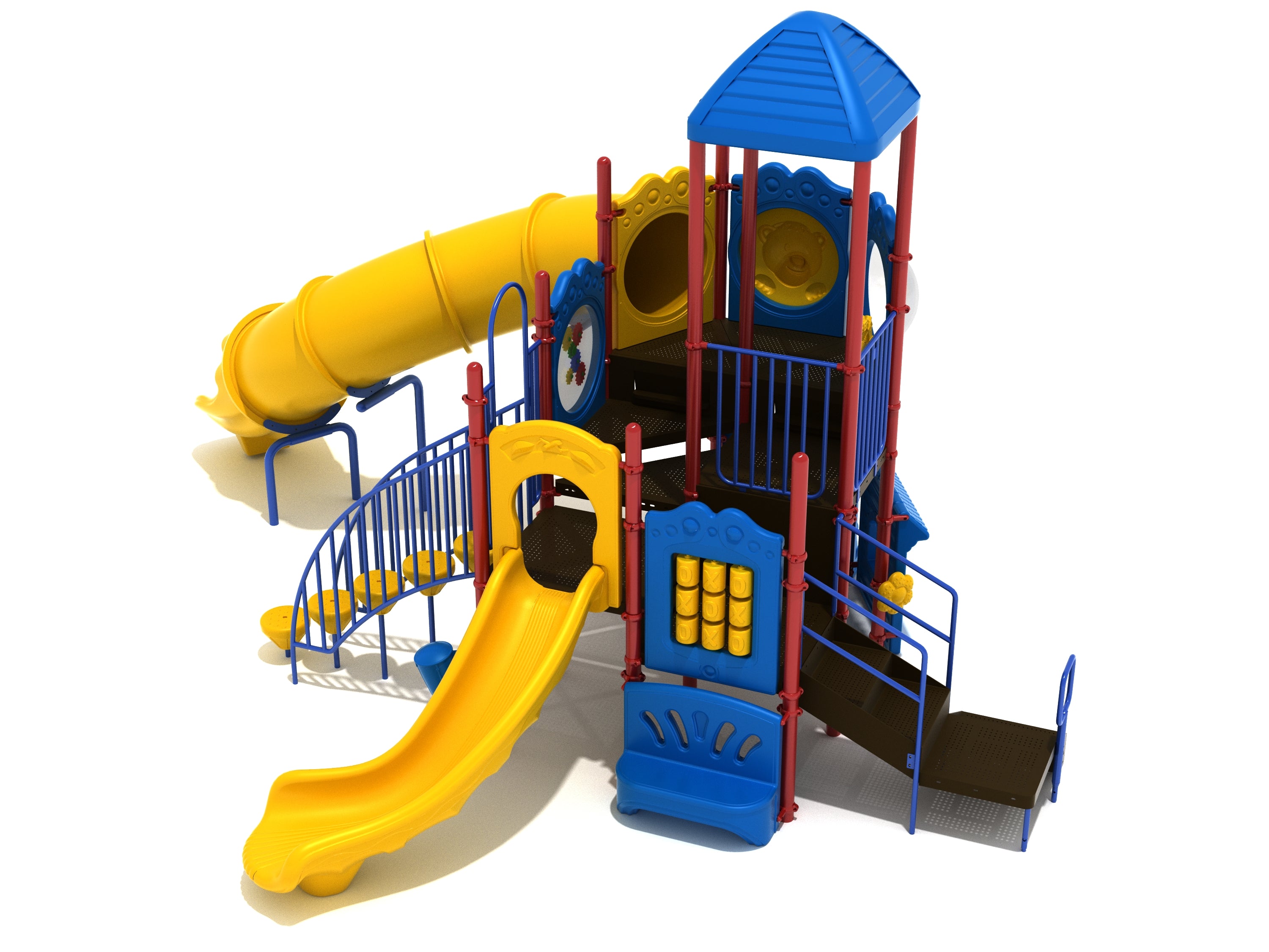 Colorful multi-level playground with yellow slides, activity panels including Tic-Tac-Toe, gear shapes, and a blue roof.
