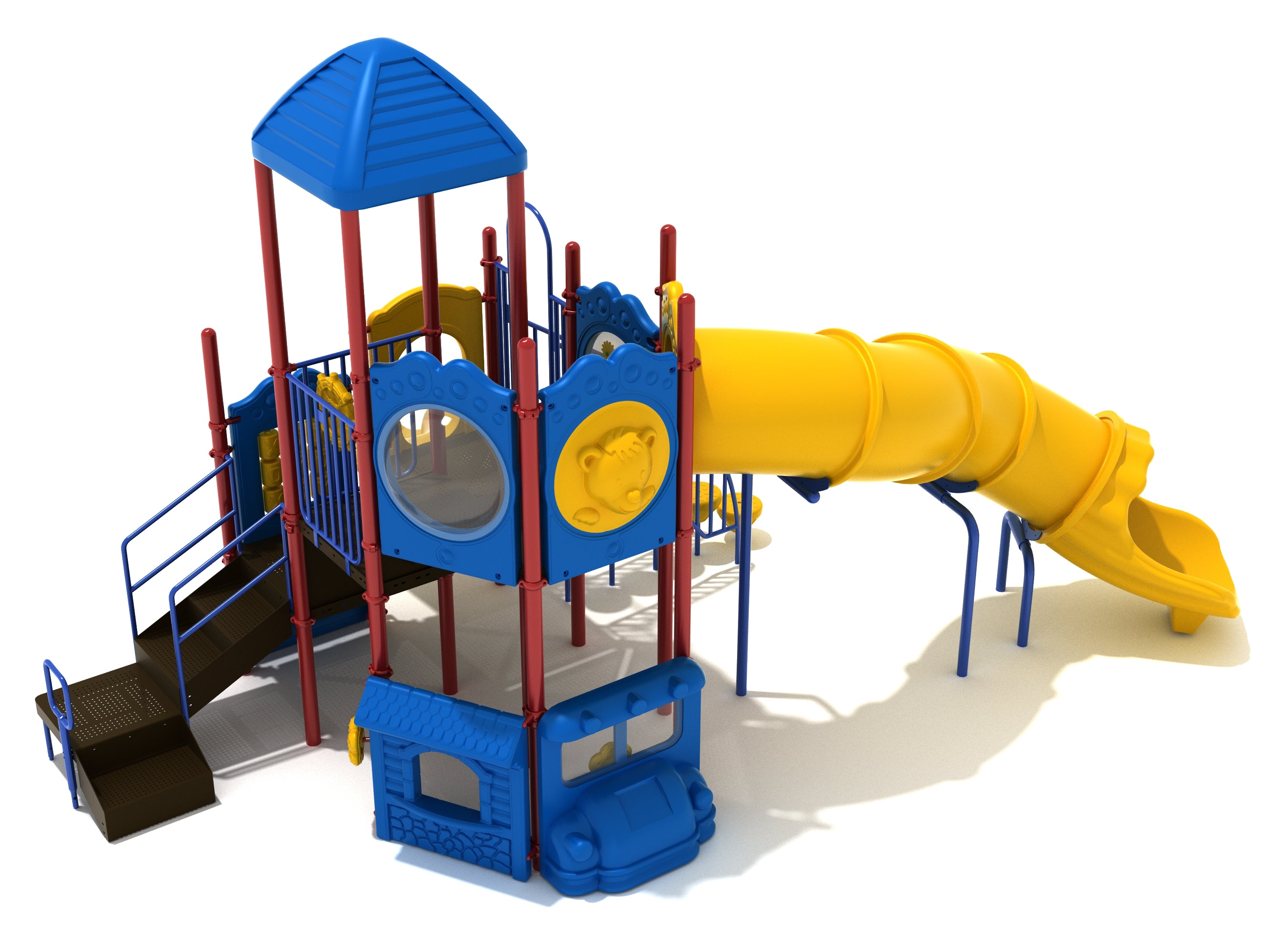 Colorful multi-level playground with stairs, activity panels, and a large yellow curved tube slide