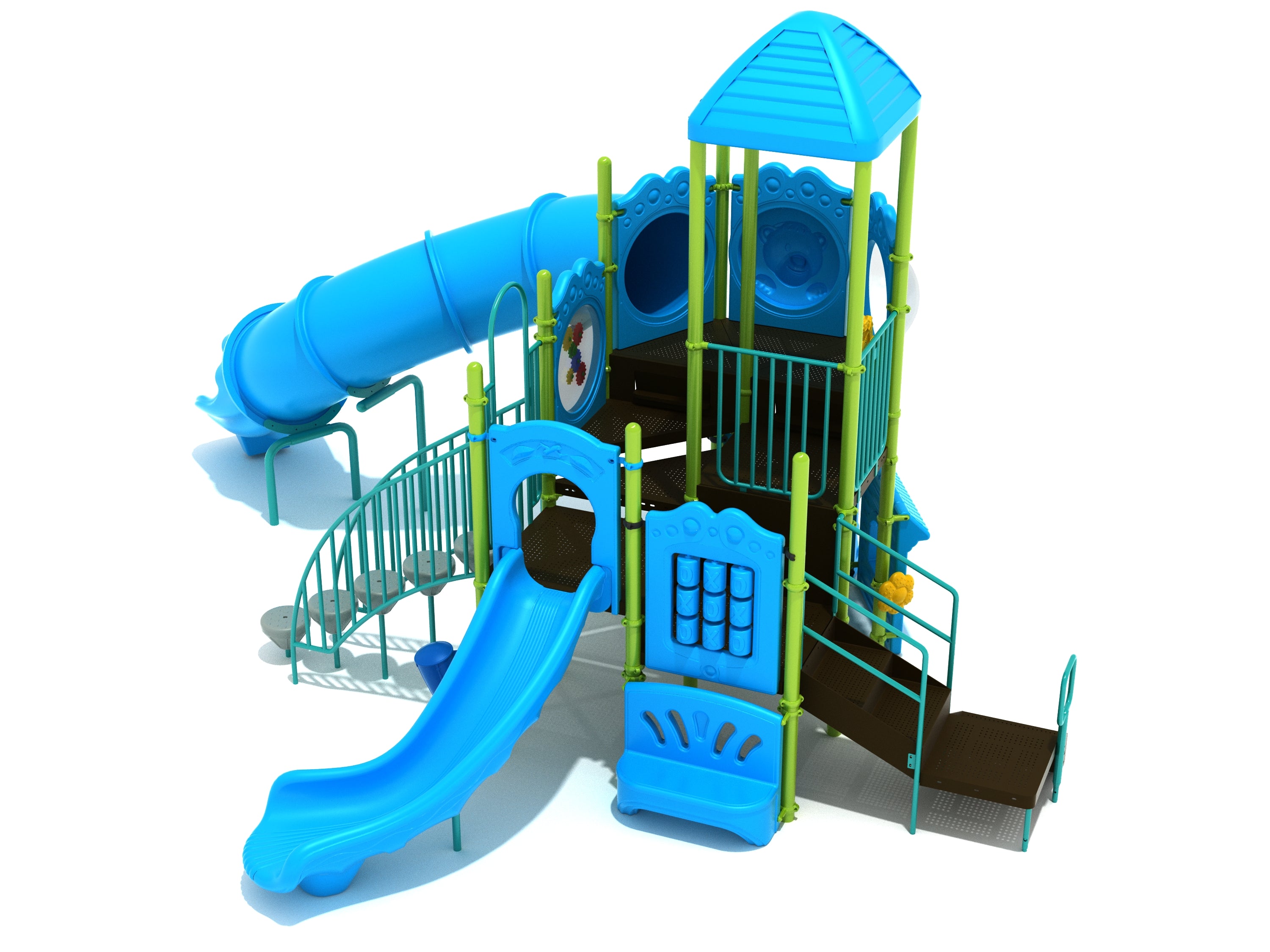 Colorful multi-level playground with slides, climbing steps, activity panels including Tic-Tac-Toe, gear, bear, bubble window, and ship’s wheel.