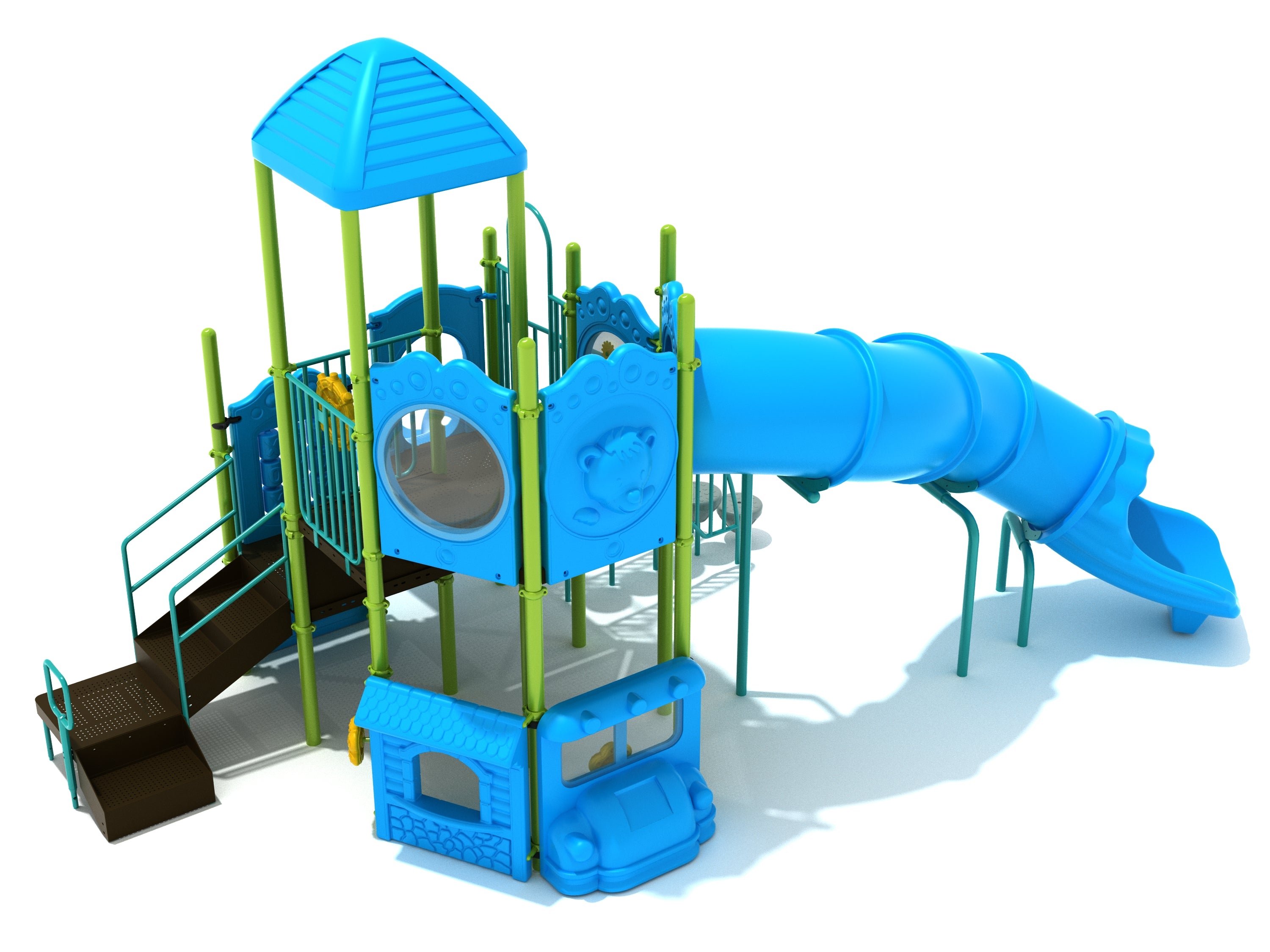 Colorful multi-level playground with stairs, activity panels, and a large curved enclosed tube slide