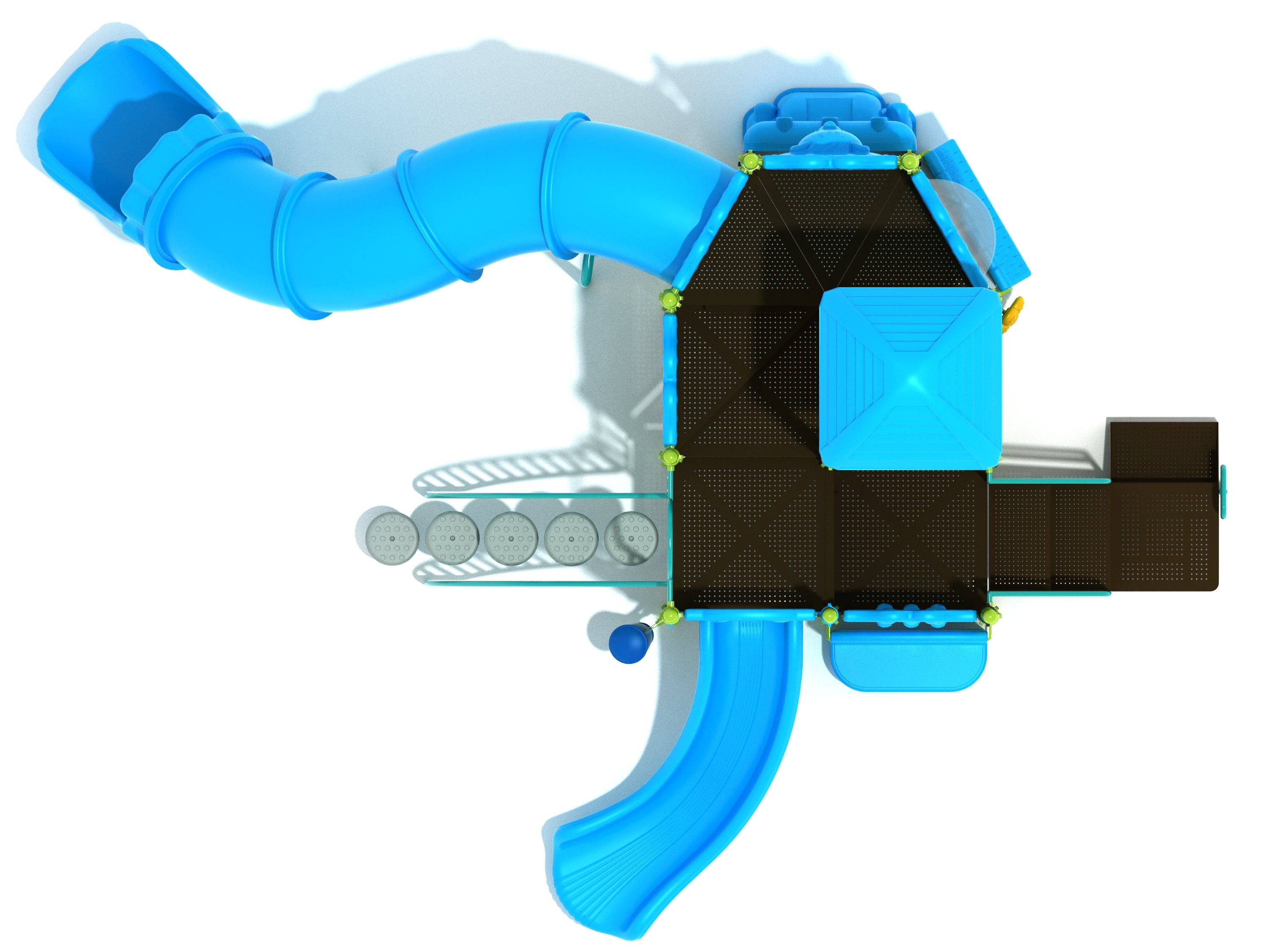 Overhead view of a blue and black multi-level playground with curved tube slide, right turn slide, climbing steps, and activity panels