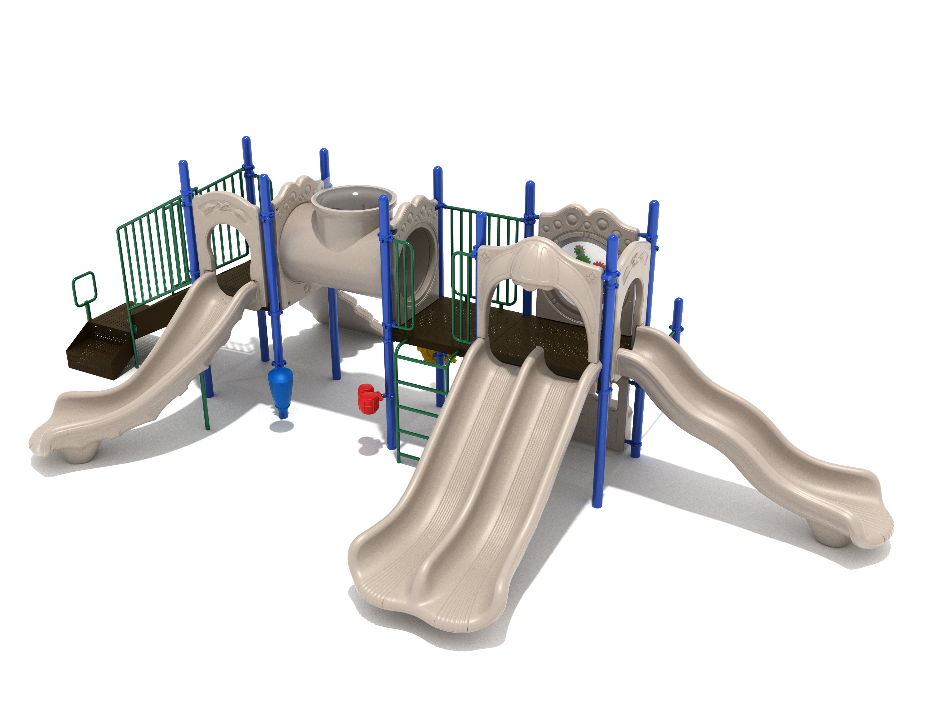 Elevated playground structure with beige slides, tube bridge with window, climbing ladder, and interactive play panels including drum and ship’s wheel