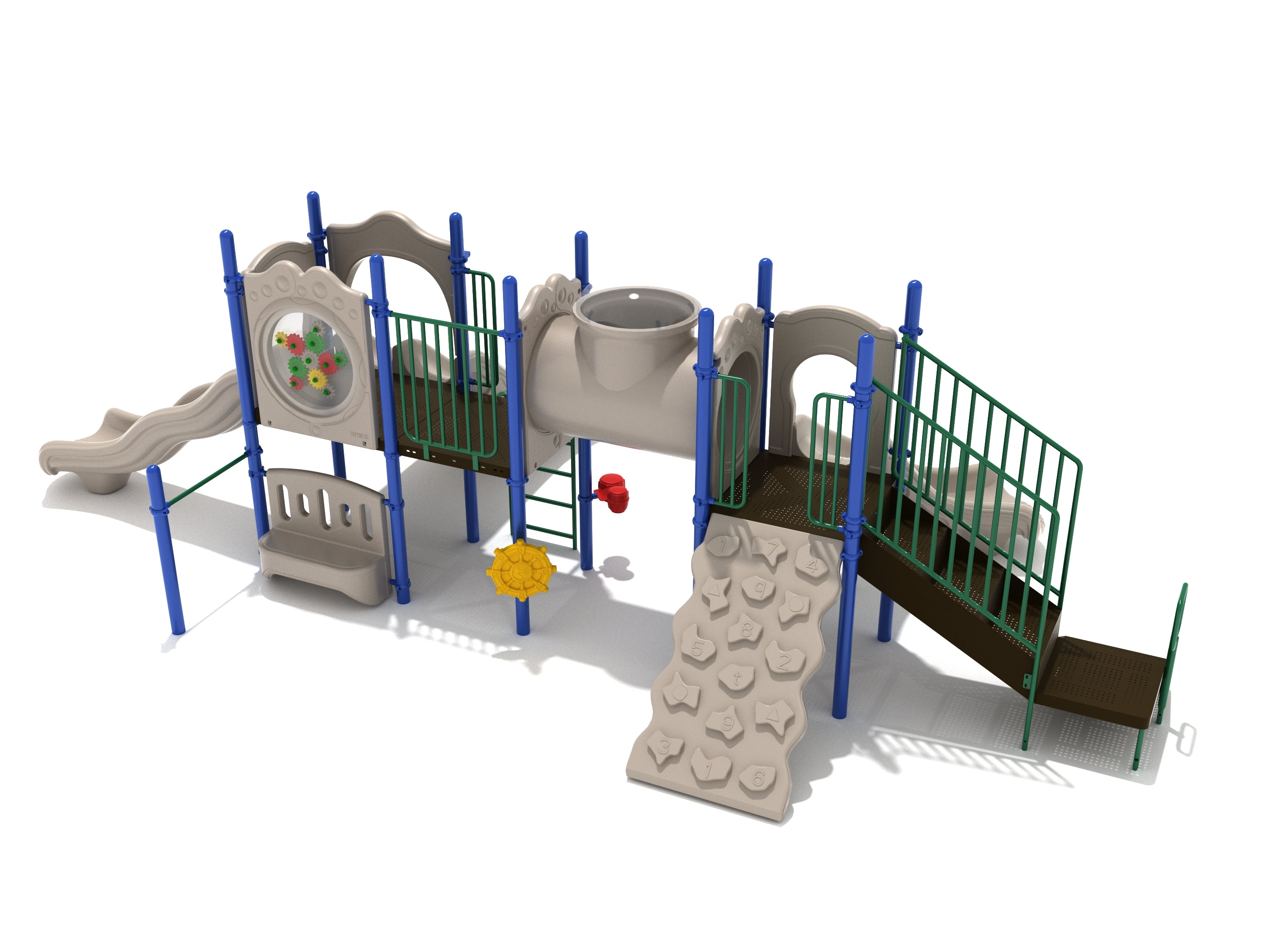 Elevated playground structure with beige, blue, and green slides, tube bridge, climbing wall, gear panel, and interactive play elements