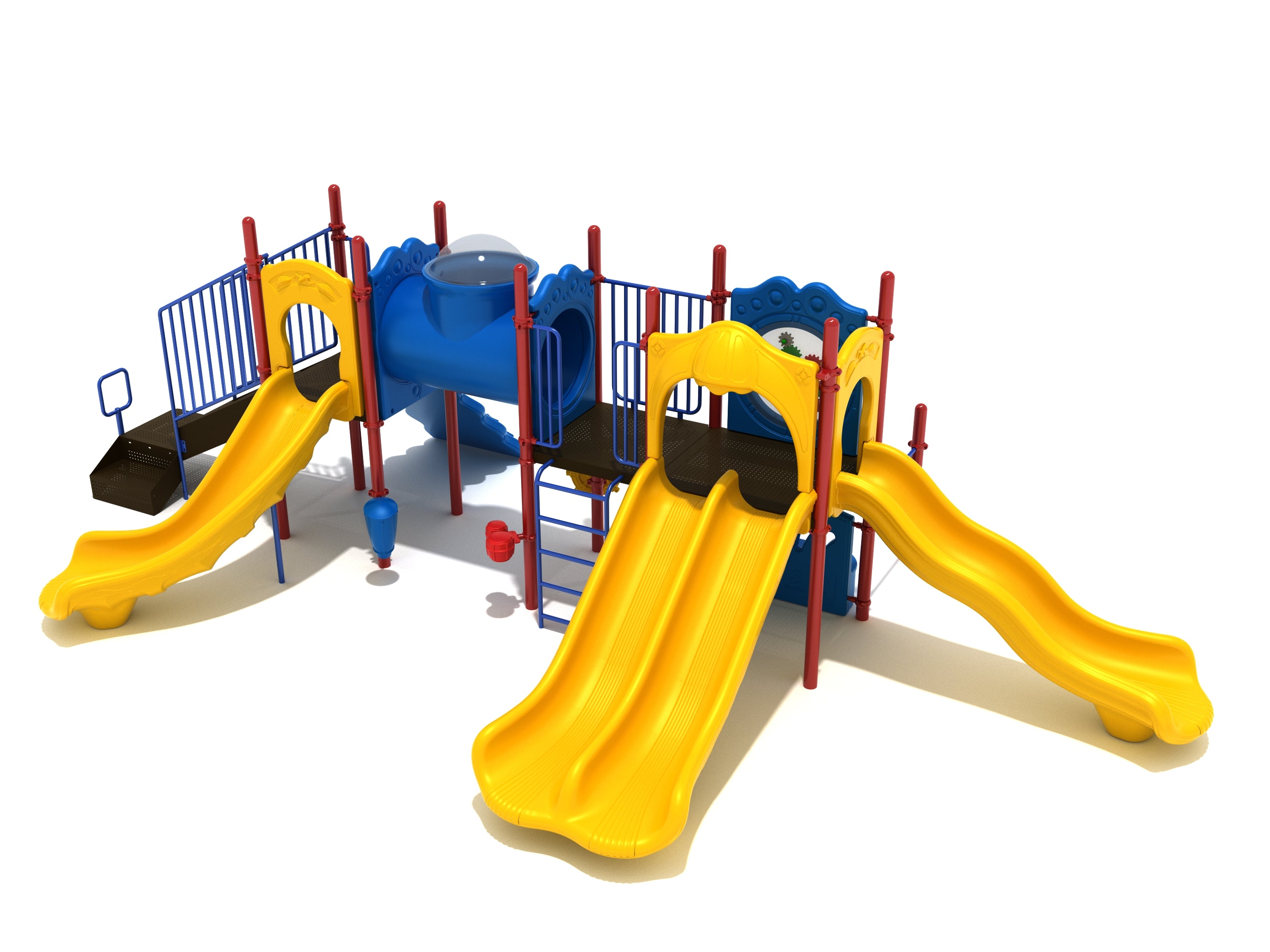 Colorful playground structure with three yellow slides, blue tube bridge with window, red posts, climbing ladder, and play panels