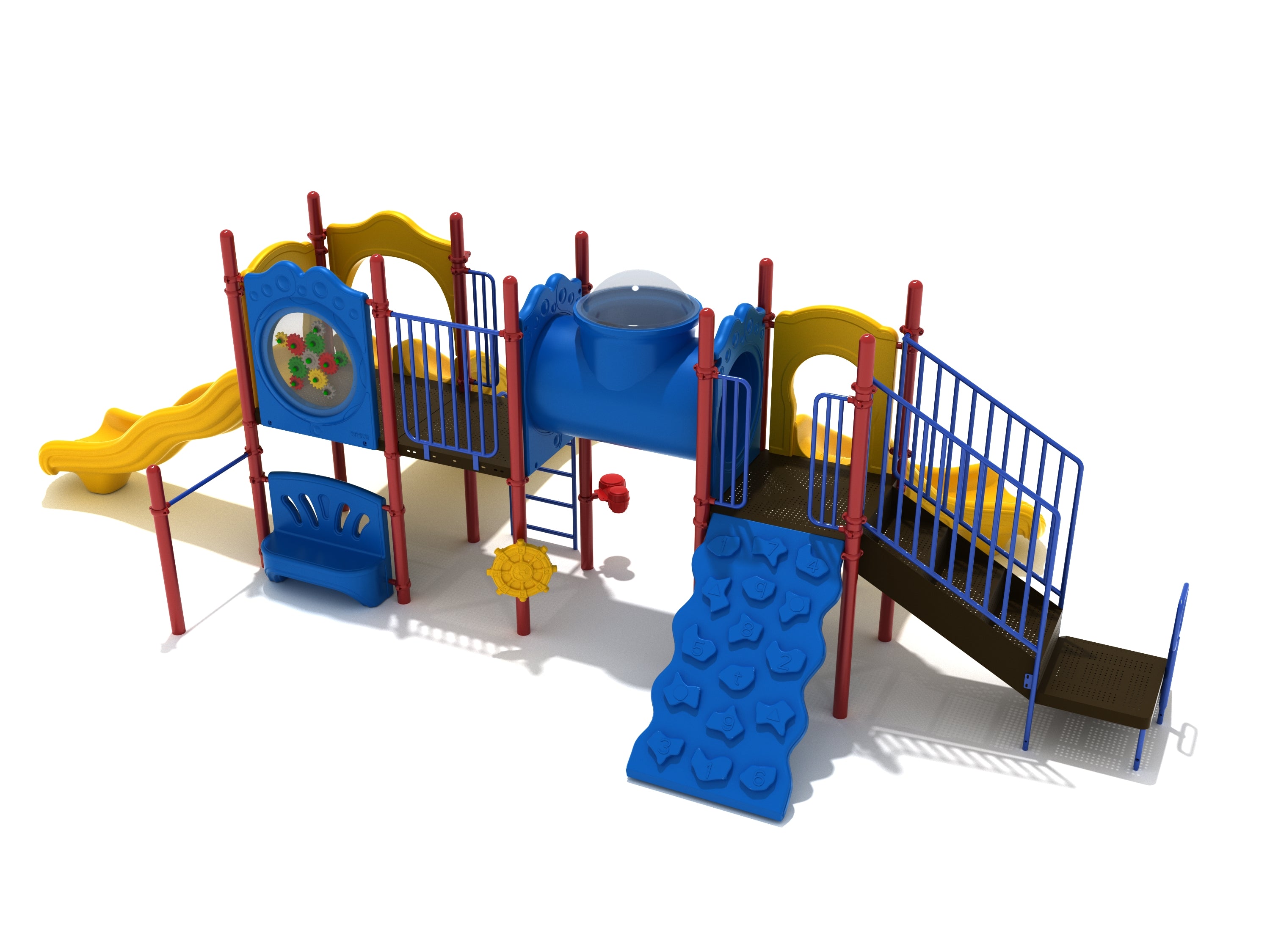 Colorful playground structure with slides, tube bridge, climbing wall, gear panel, and interactive musical elements
