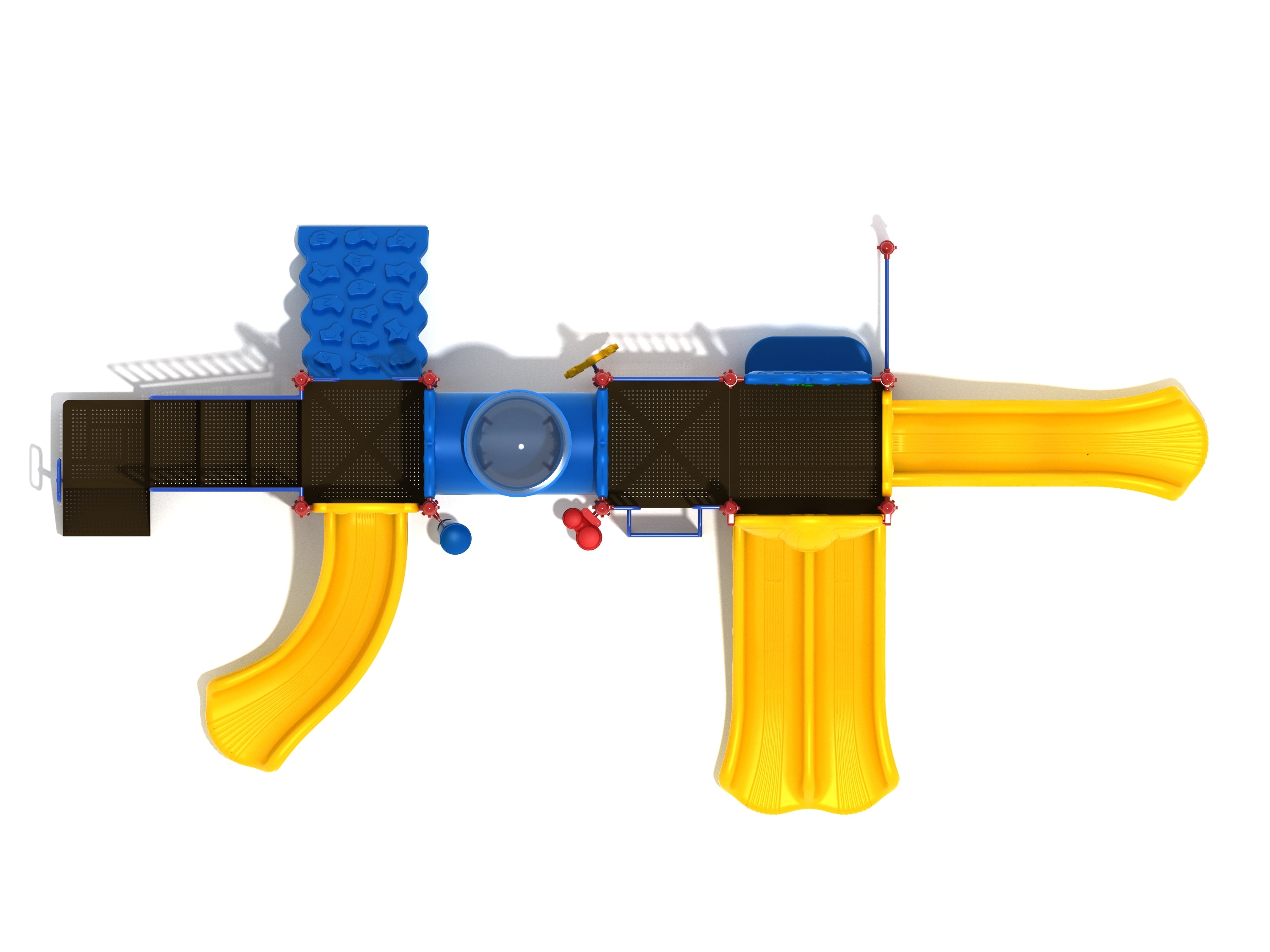 Overhead view of colorful playground with three elevated platforms, yellow slides, blue tube bridge, climbing wall, and interactive play panels