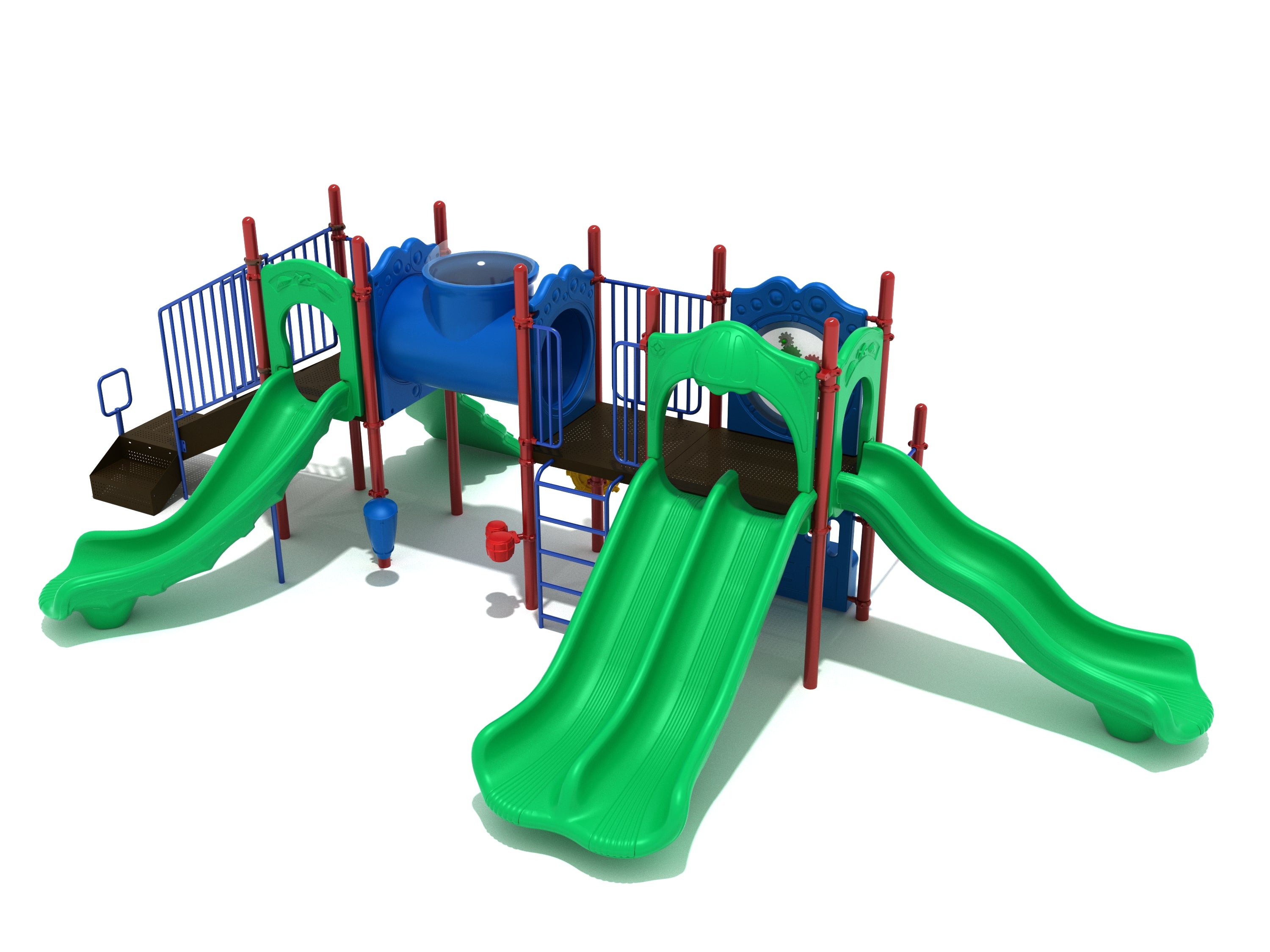 Colorful playground structure with green slides, blue tube bridge, red supports, climbing elements, and interactive panels