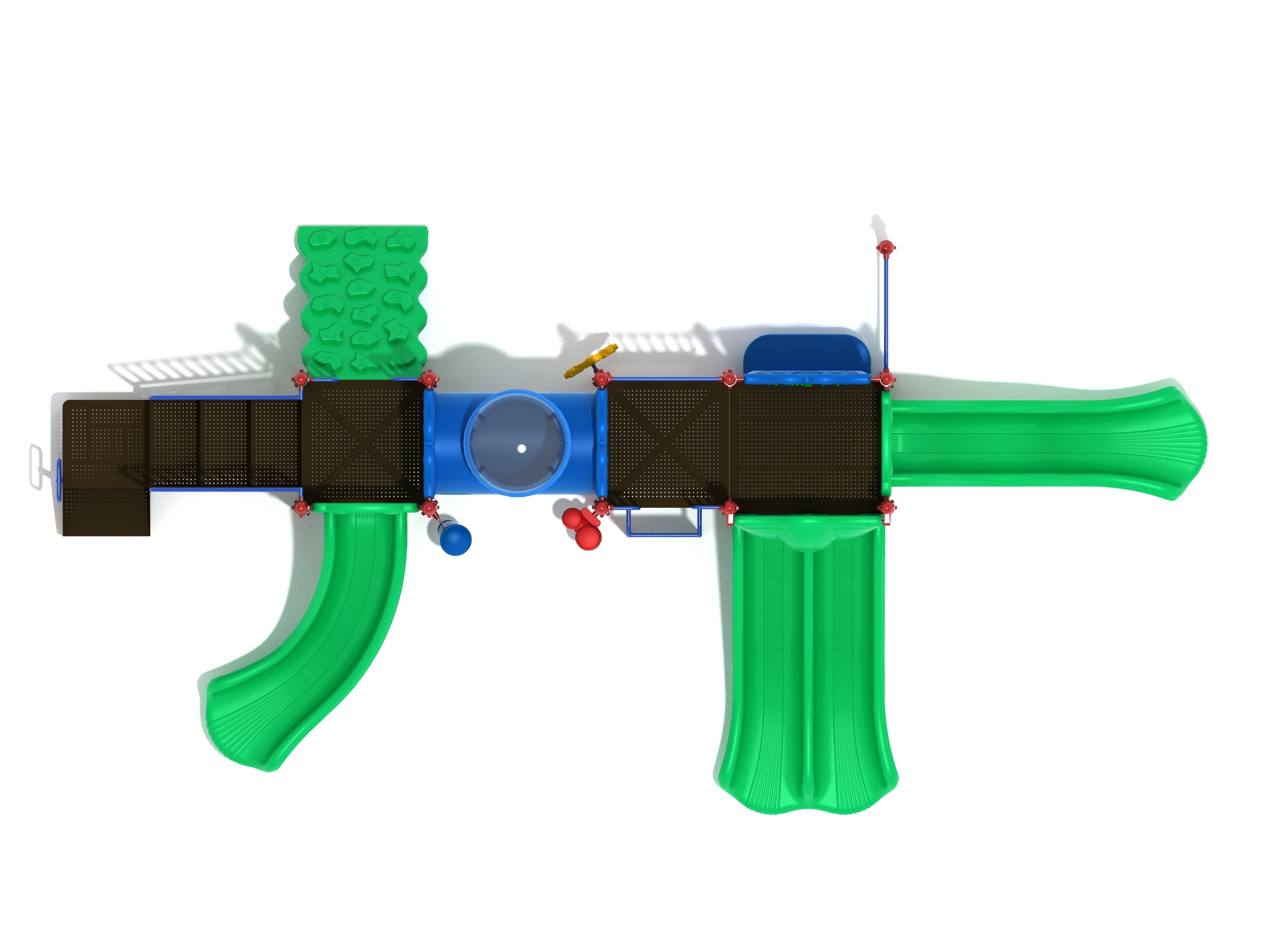 Overhead view of colorful playground with three platforms, green slides, tube bridge, climbing wall, and interactive play panels