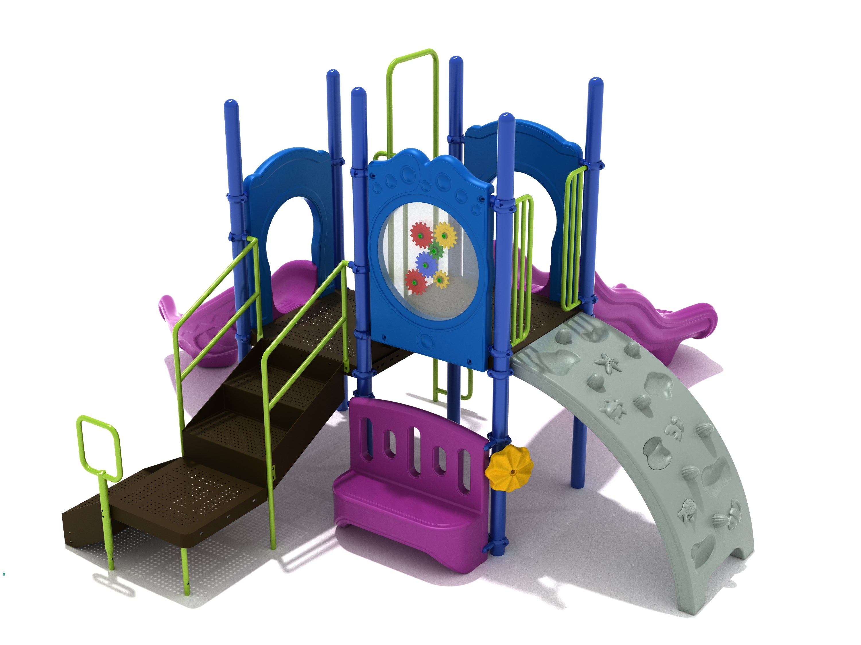 Reno Playground large play system with blue panels, purple bench, green railings, sea creature climber, gear activity panel, and two purple slides