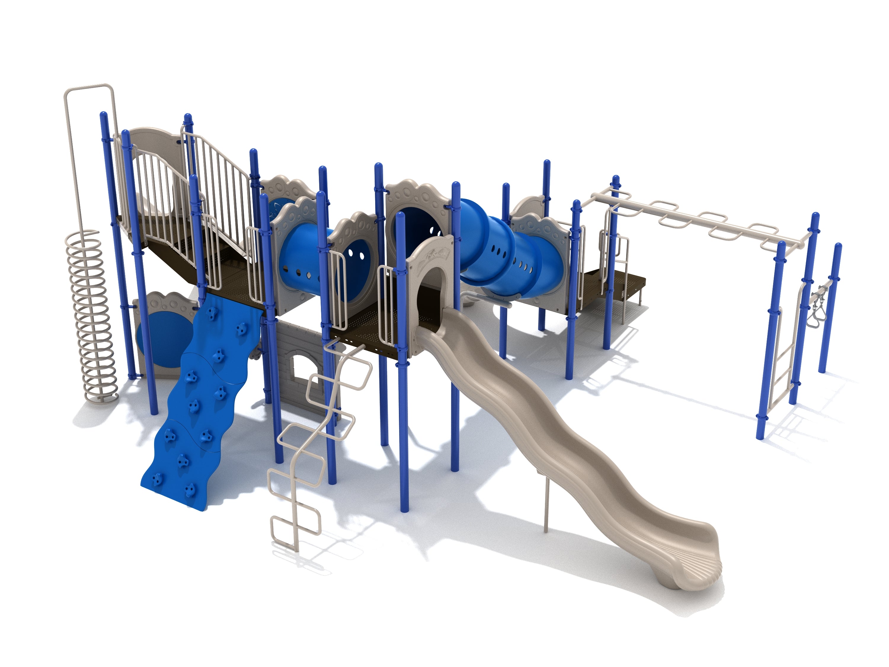 Large blue and beige playground structure with slides, climbing walls, tube tunnels, monkey bars, and interactive play panels