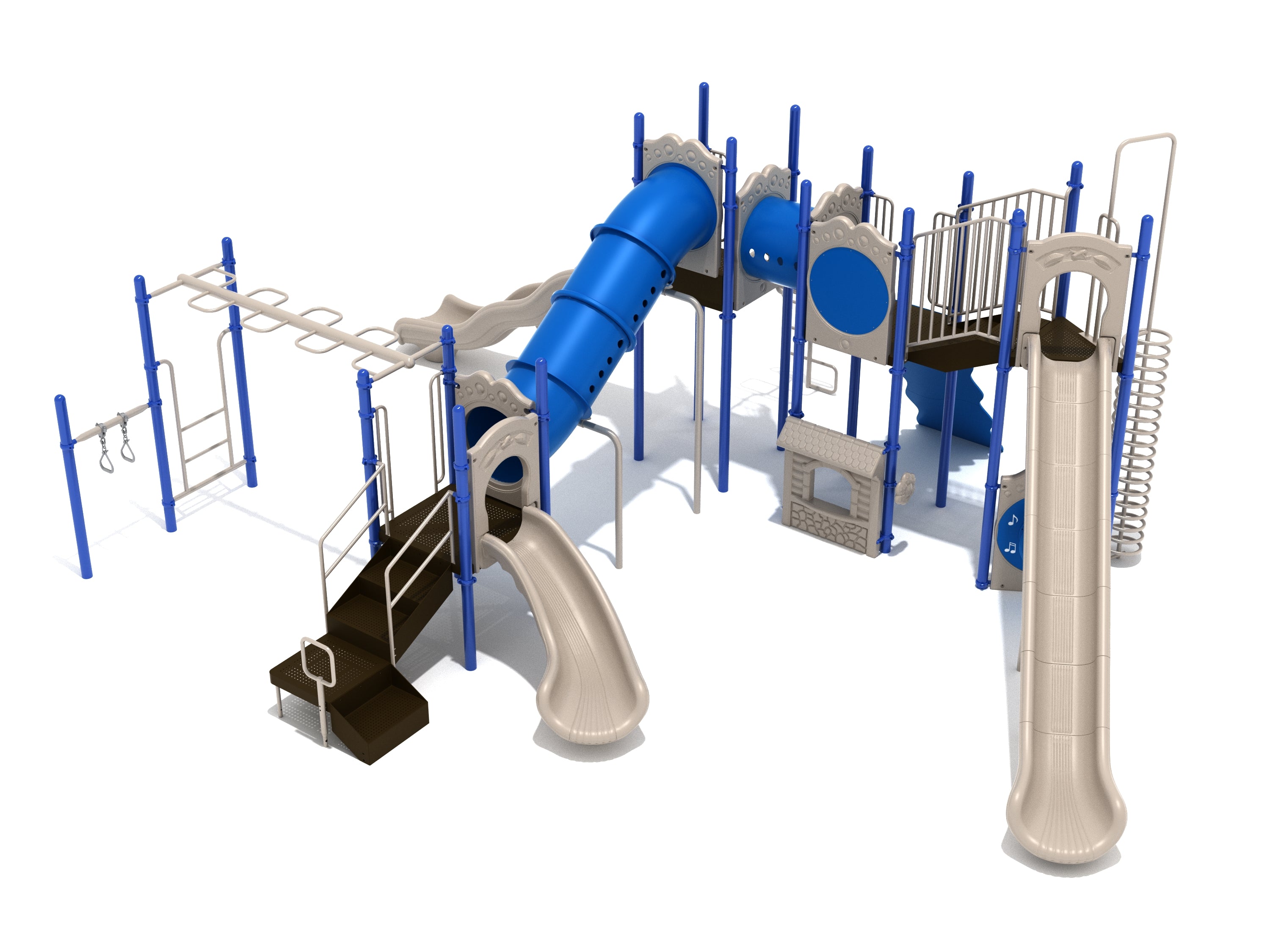 Lexington Playground large play system with beige slides, blue tube tunnels, climbing structures, overhead horizontal ladder, and interactive panels