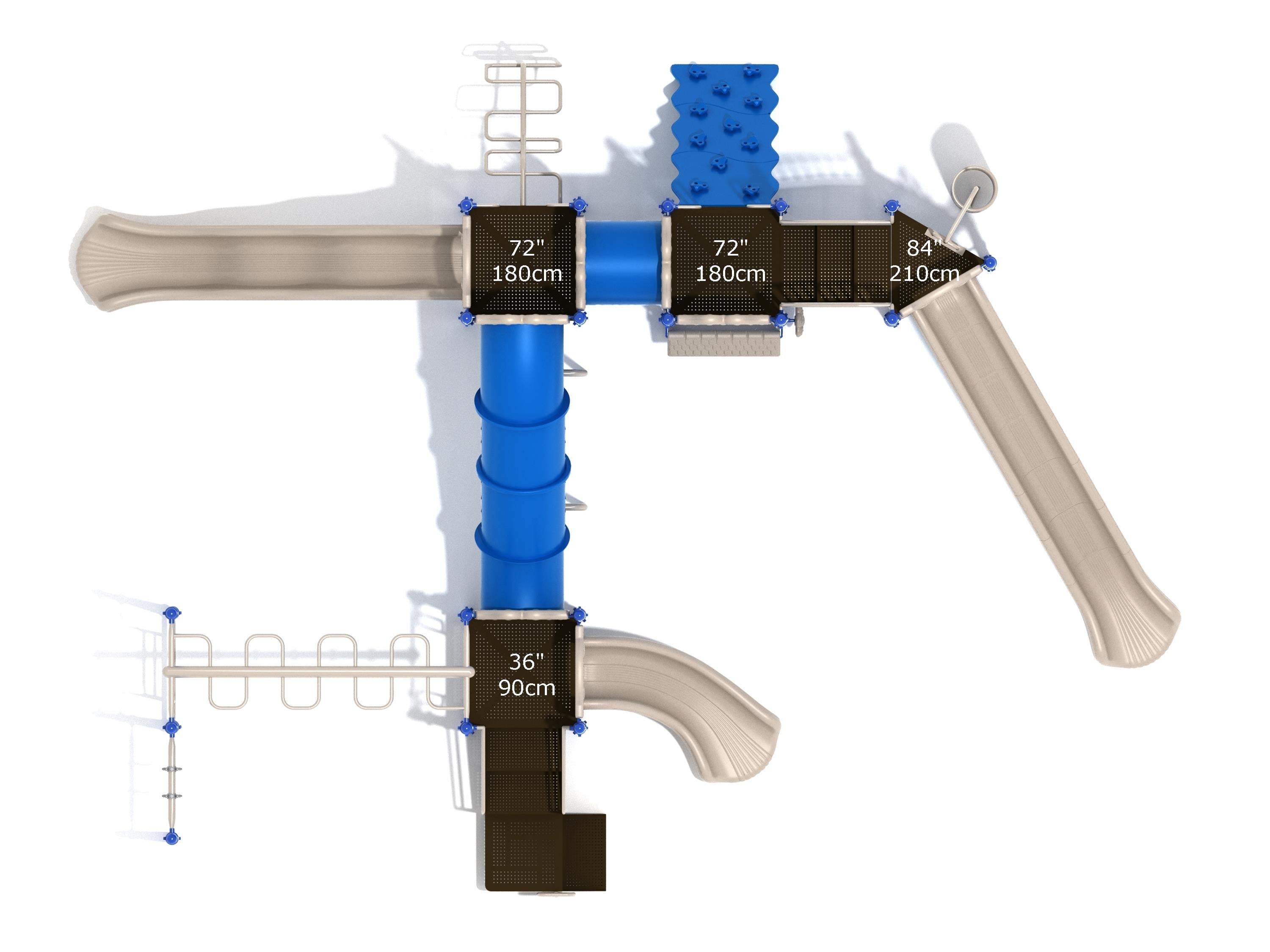 Overhead view of a large playground with beige slides, blue climbing elements, interconnected platforms, and various activity panels