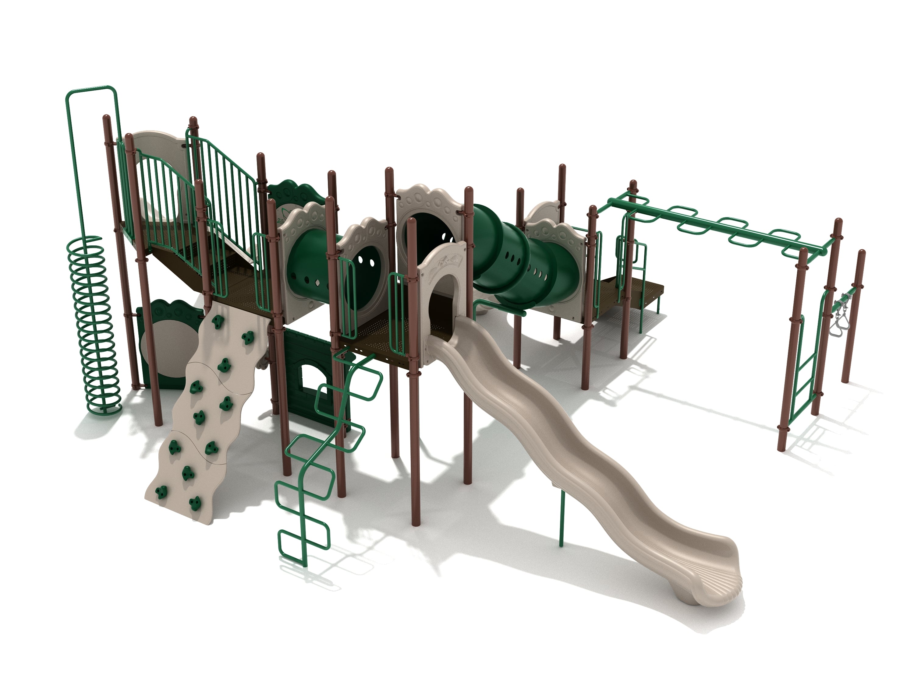 Large green and beige outdoor playground with slides, climbing walls, tube tunnels, monkey bars, and spiral climber.