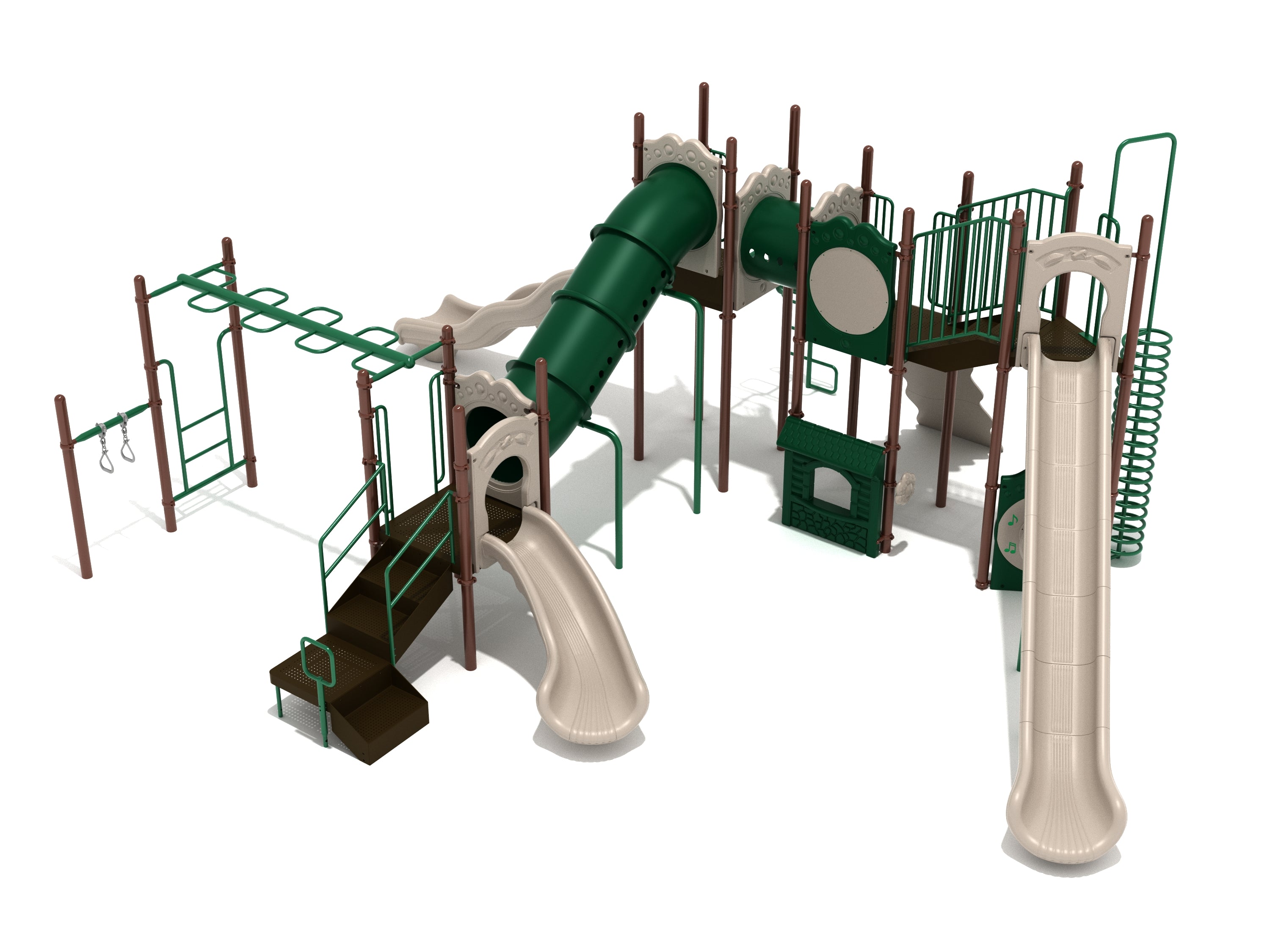 Large outdoor playground structure with multiple slides, climbing ladders, tube tunnels, and interactive activity panels in green and beige.