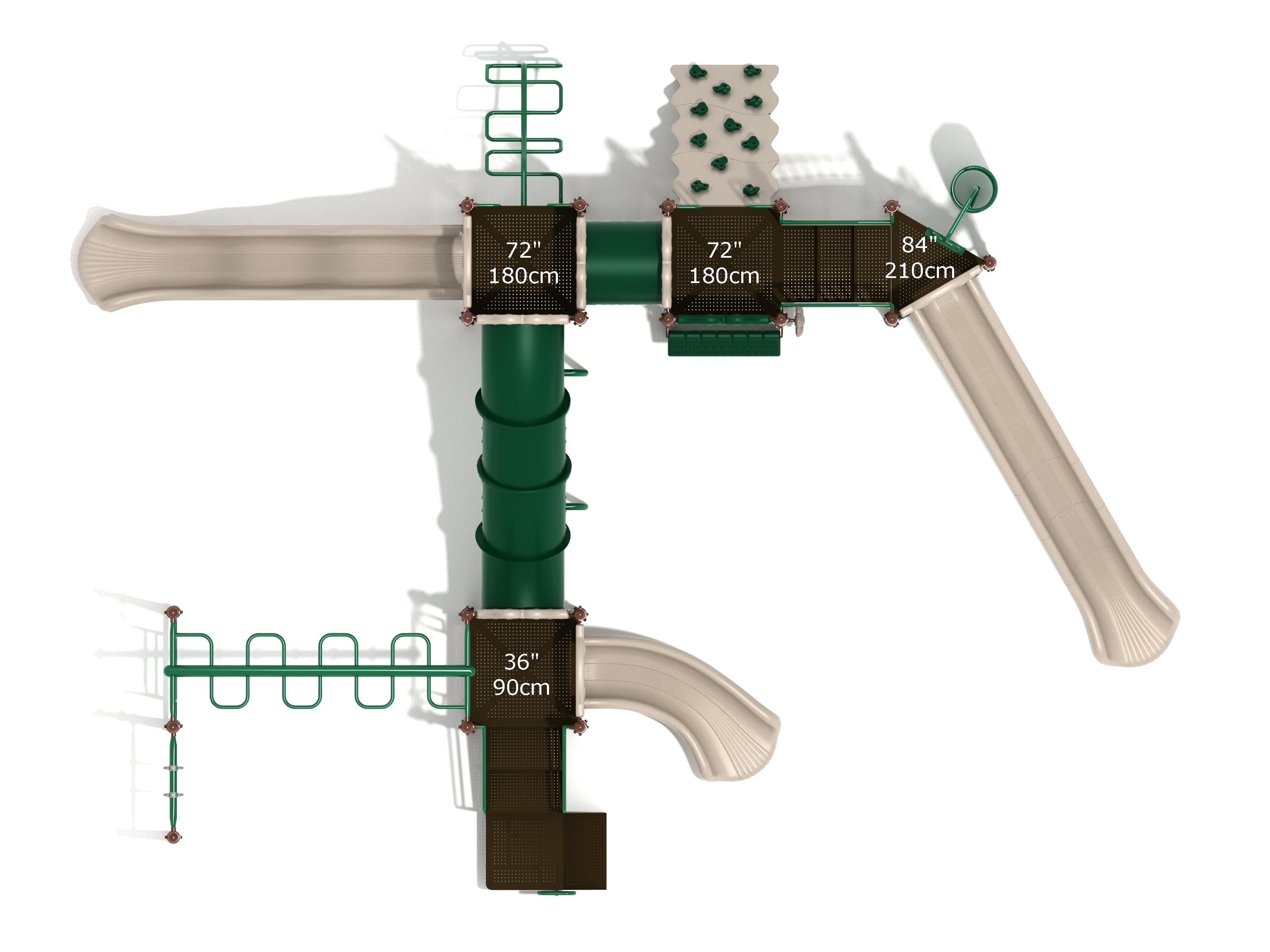 Overhead view of a large green and beige playground structure with multiple platforms, slides, climbing walls, ladders, and interactive panels