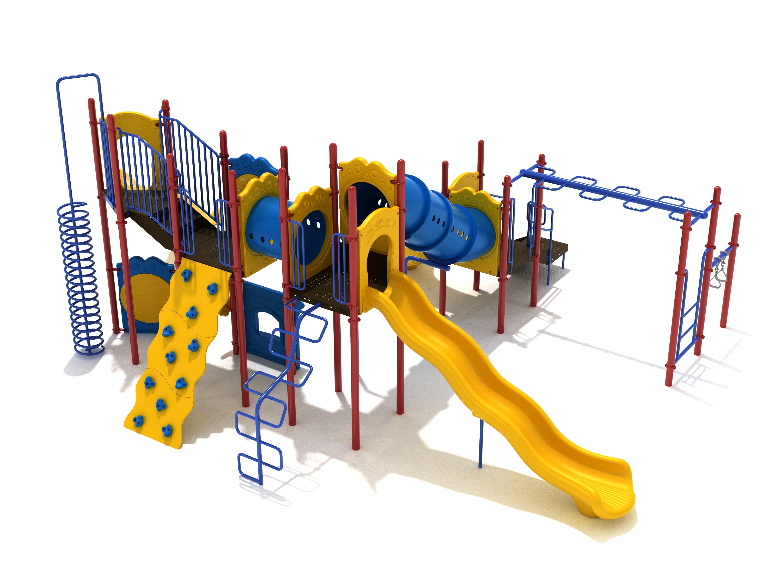 Colorful playground structure with yellow wave slide, blue tube tunnel, climbing wall, spiral climber, and monkey bars