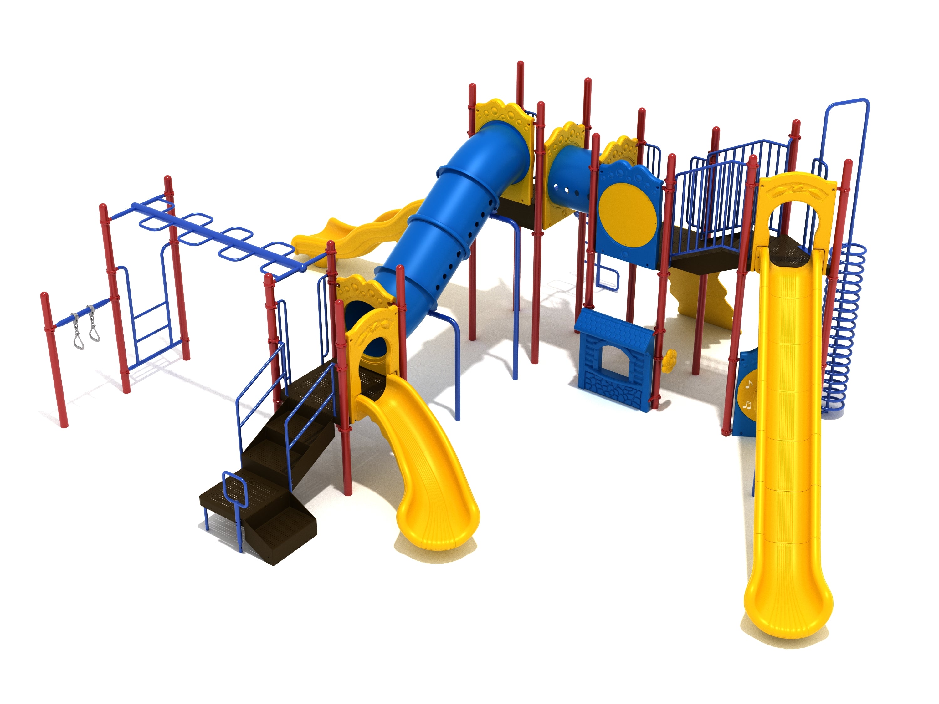 Colorful playground structure with slides, climbing ladders, tube bridges, activity panels, and spiral climber in blue, yellow, and red.