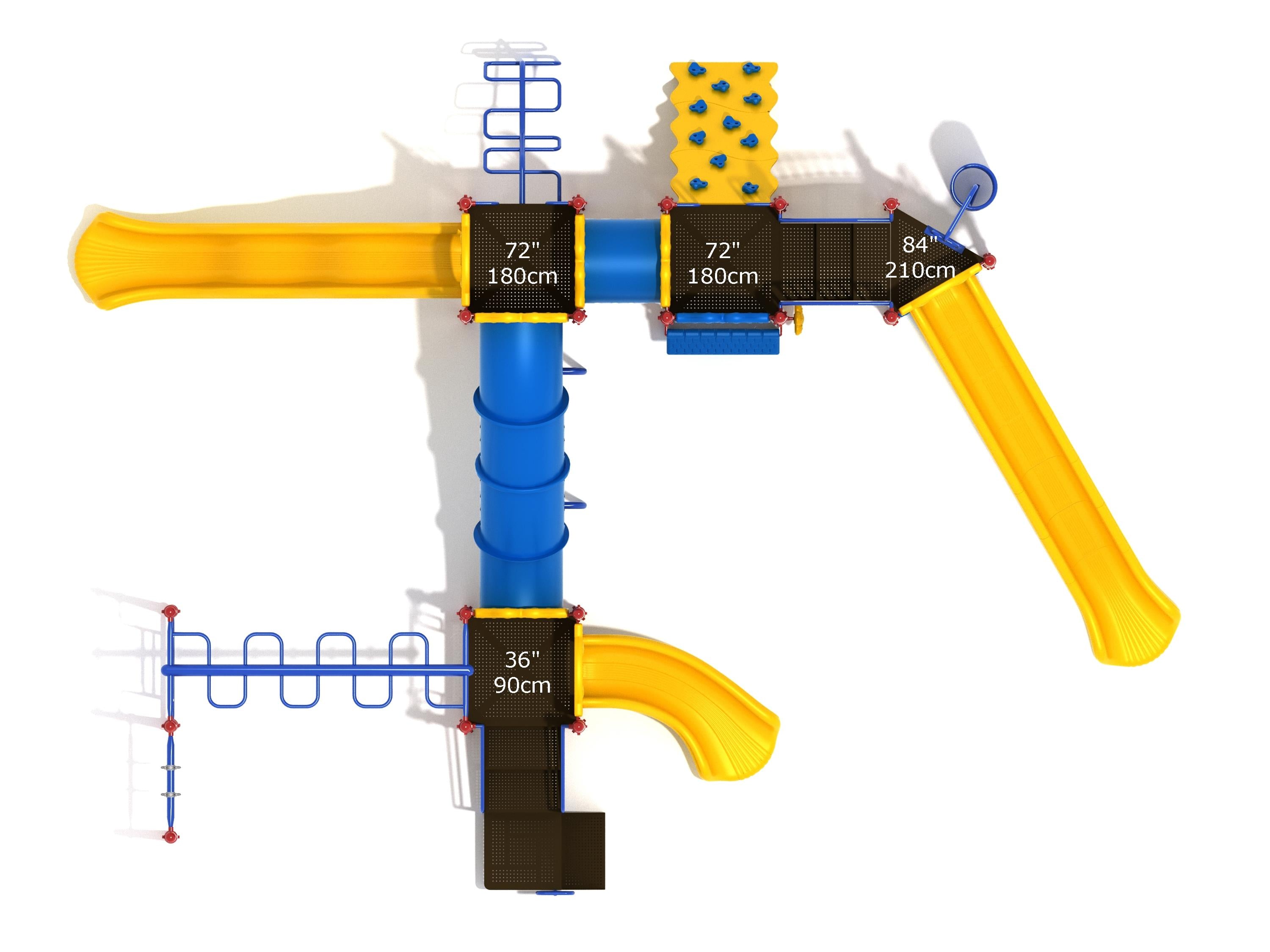 Overhead view of colorful playground with slides, climbing walls, ladders, platforms, and interactive play panels in yellow and blue