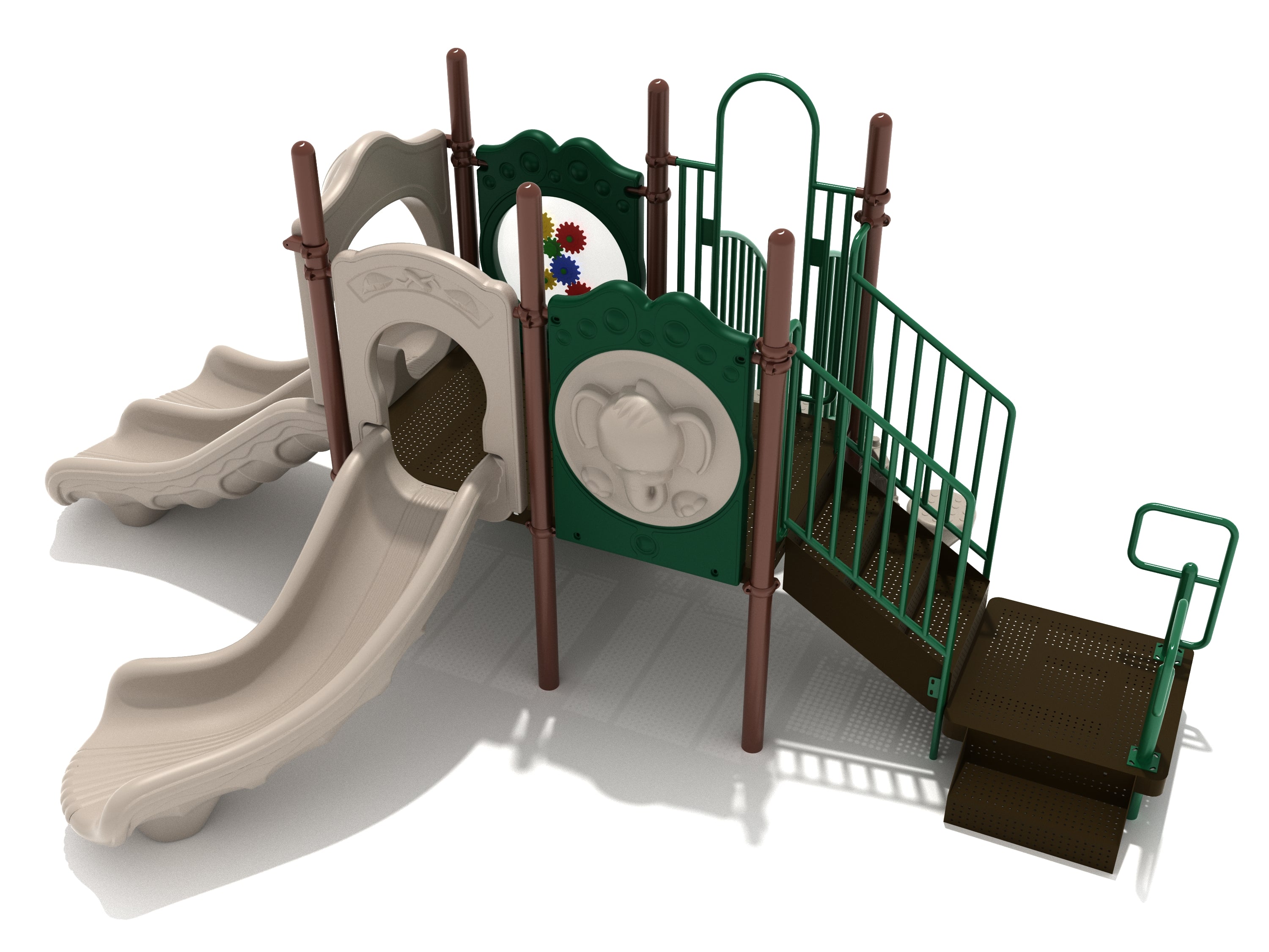 Children's playground structure with two beige slides, green railings, elephant and gear activity panels, and interactive play features.