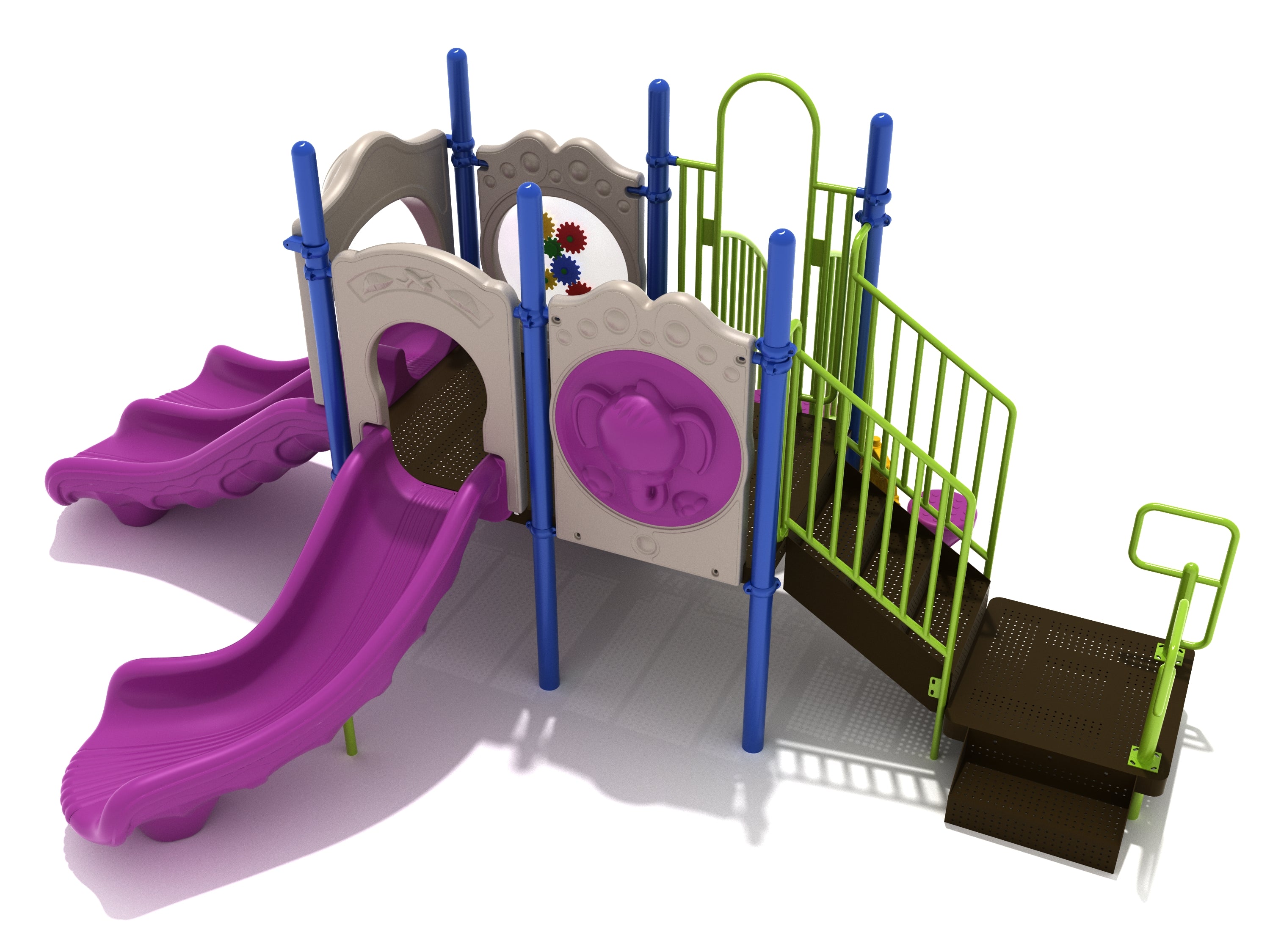 Colorful children's playground with purple slides, green railings, blue posts, elephant and gear activity panels.