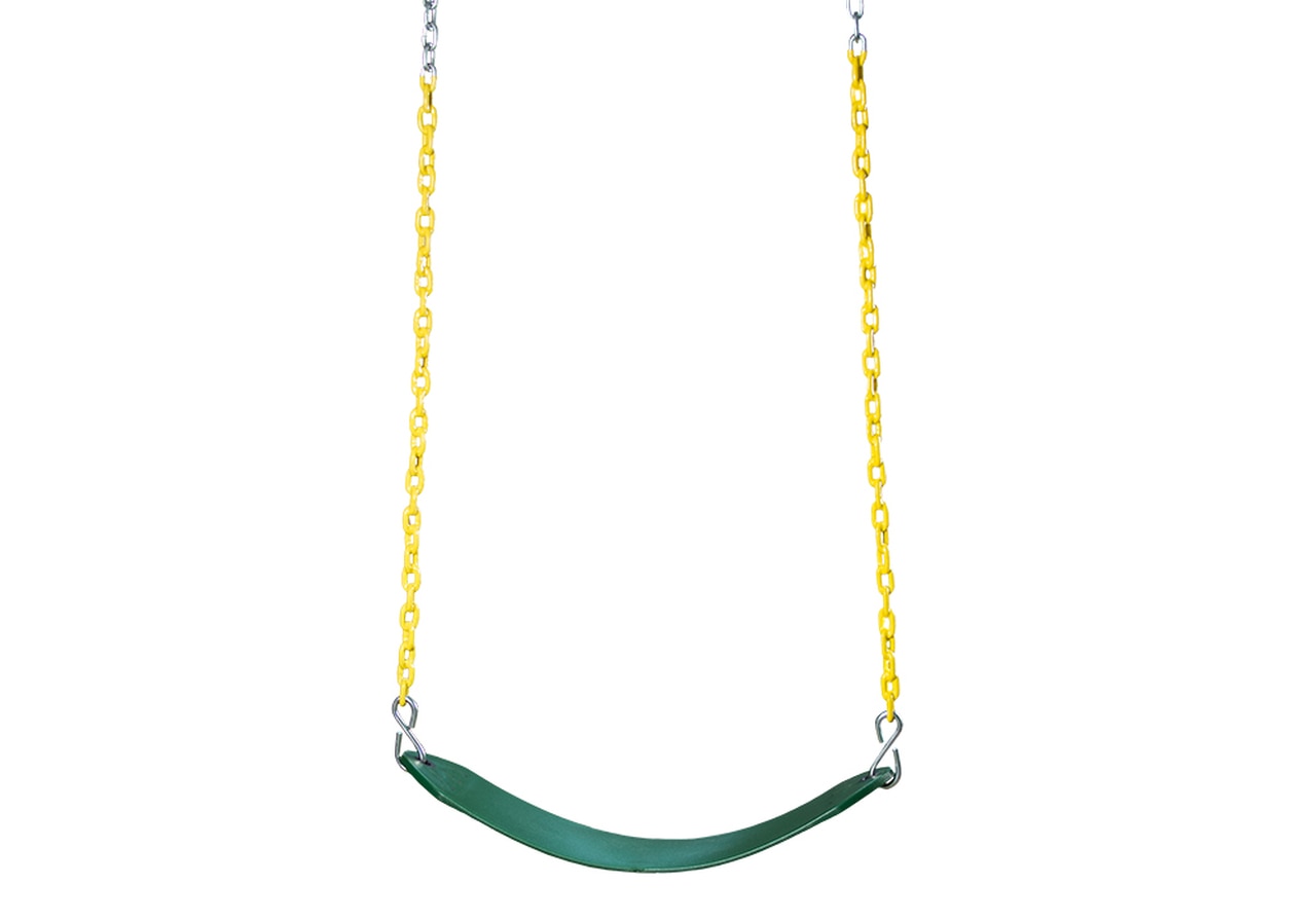 Green flexible belt swing seat with yellow grippy coated chains designed for safety and UV resistance