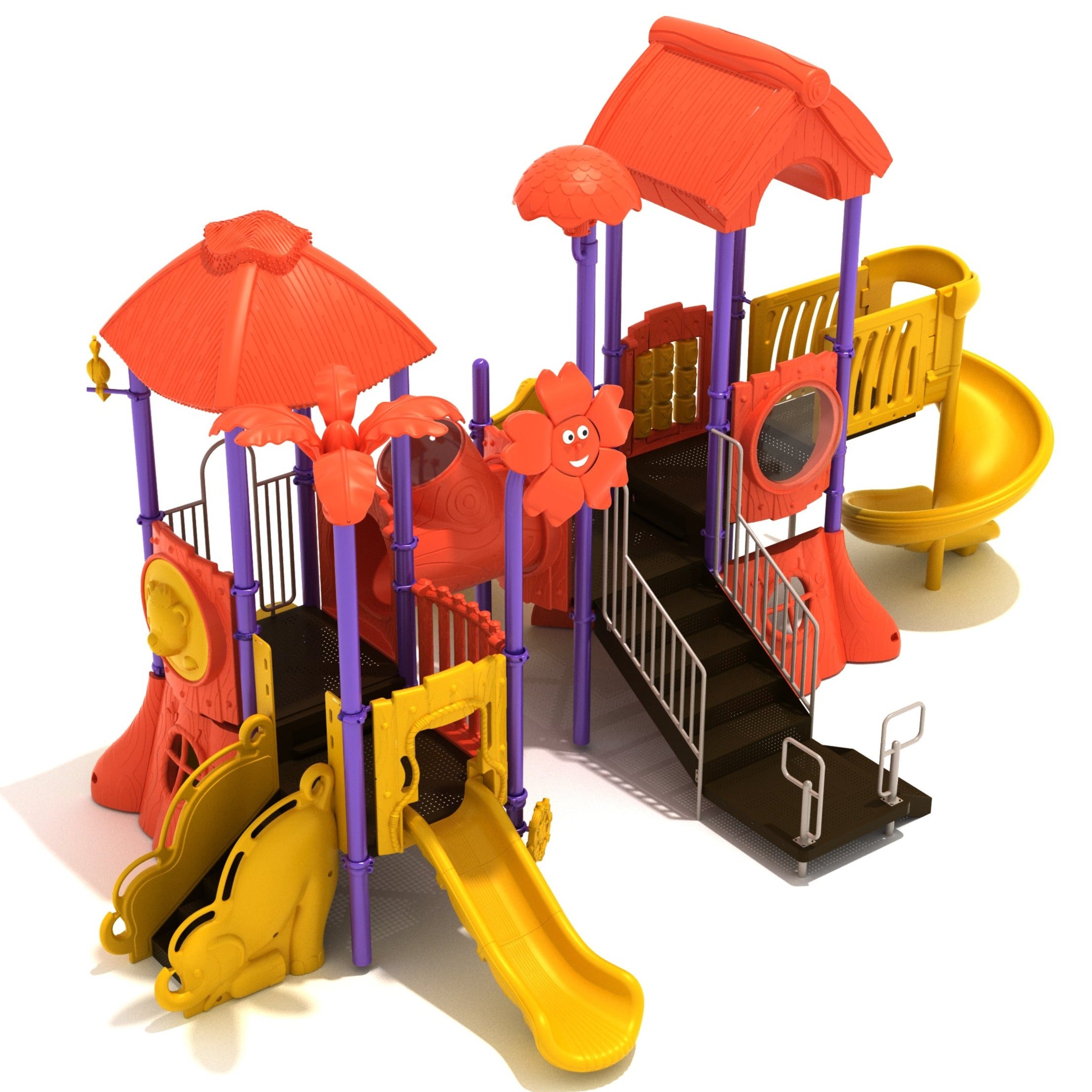 Colorful jungle-themed playground with two towers, slides, animal and flower decorations, and accessible ramp.