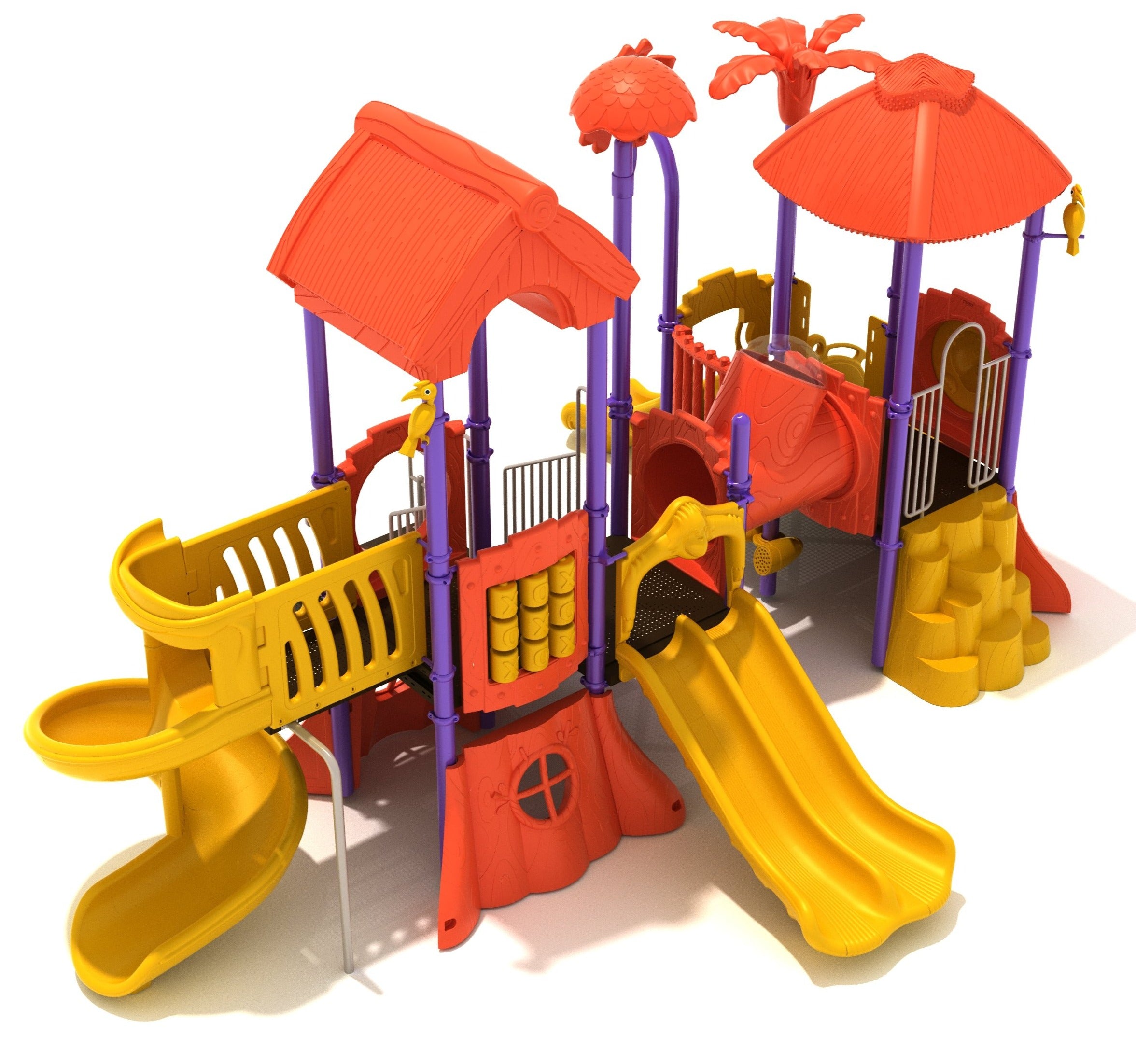 Colorful jungle playground with two towers, multiple slides, animal toppers, and interactive stump window panels