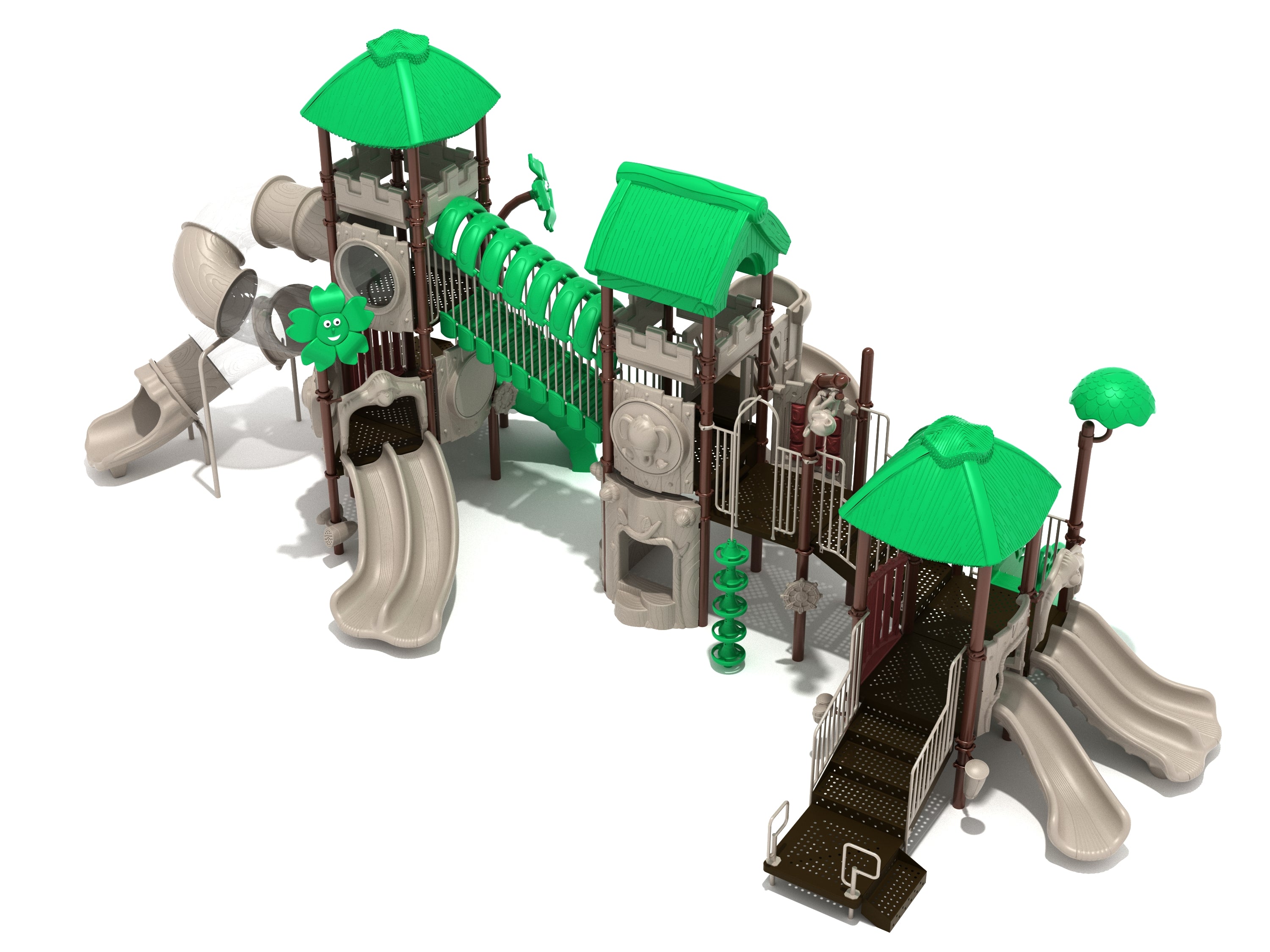 Wicked Wombats Playground with green roofs, spiral tube slide, multiple beige slides, jungle-themed panels, and interactive play features
