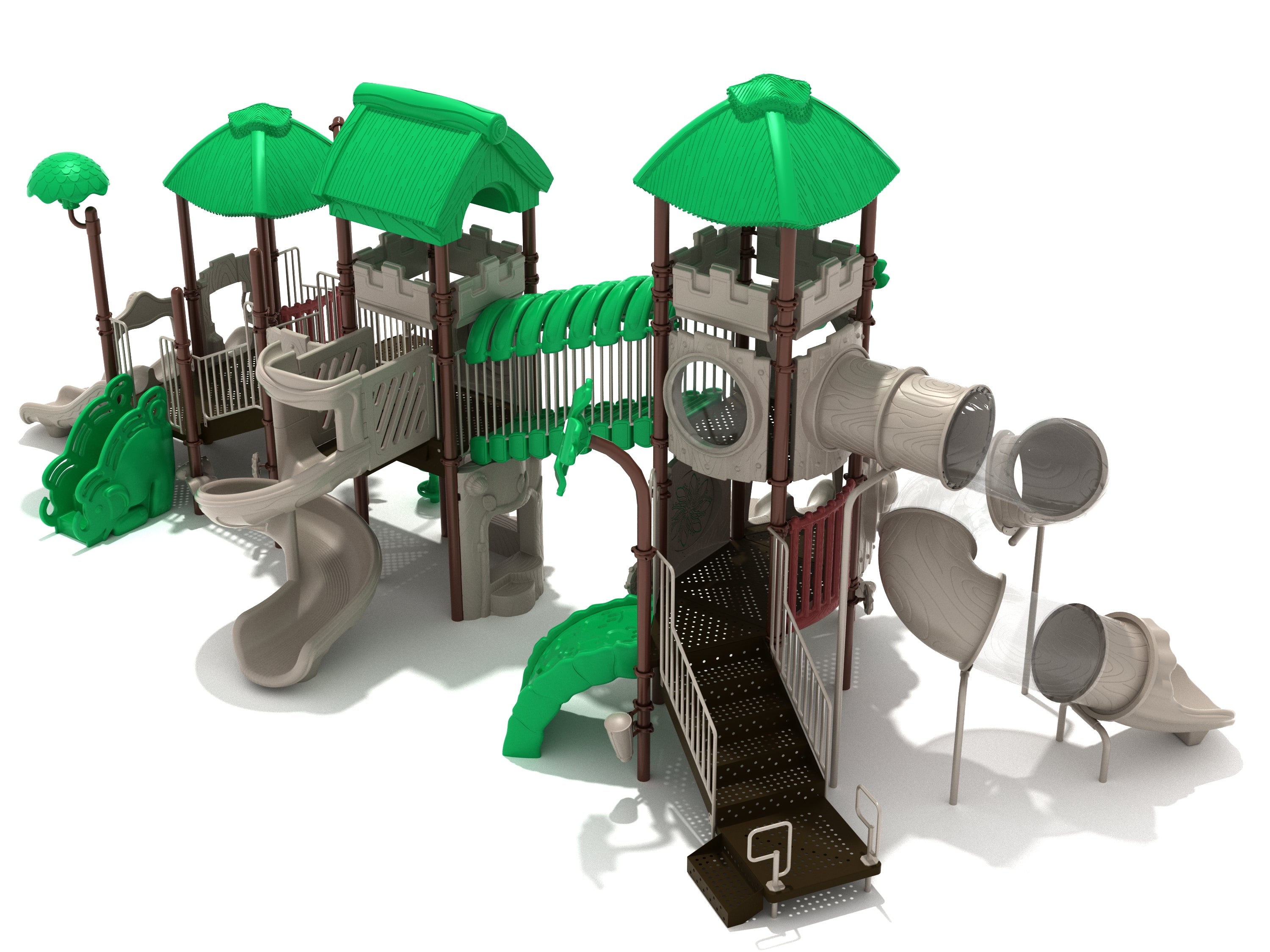 Multi-level jungle-themed playground with green roofs, spiral tube slide, multiple slides, climbing elements, and activity panels.