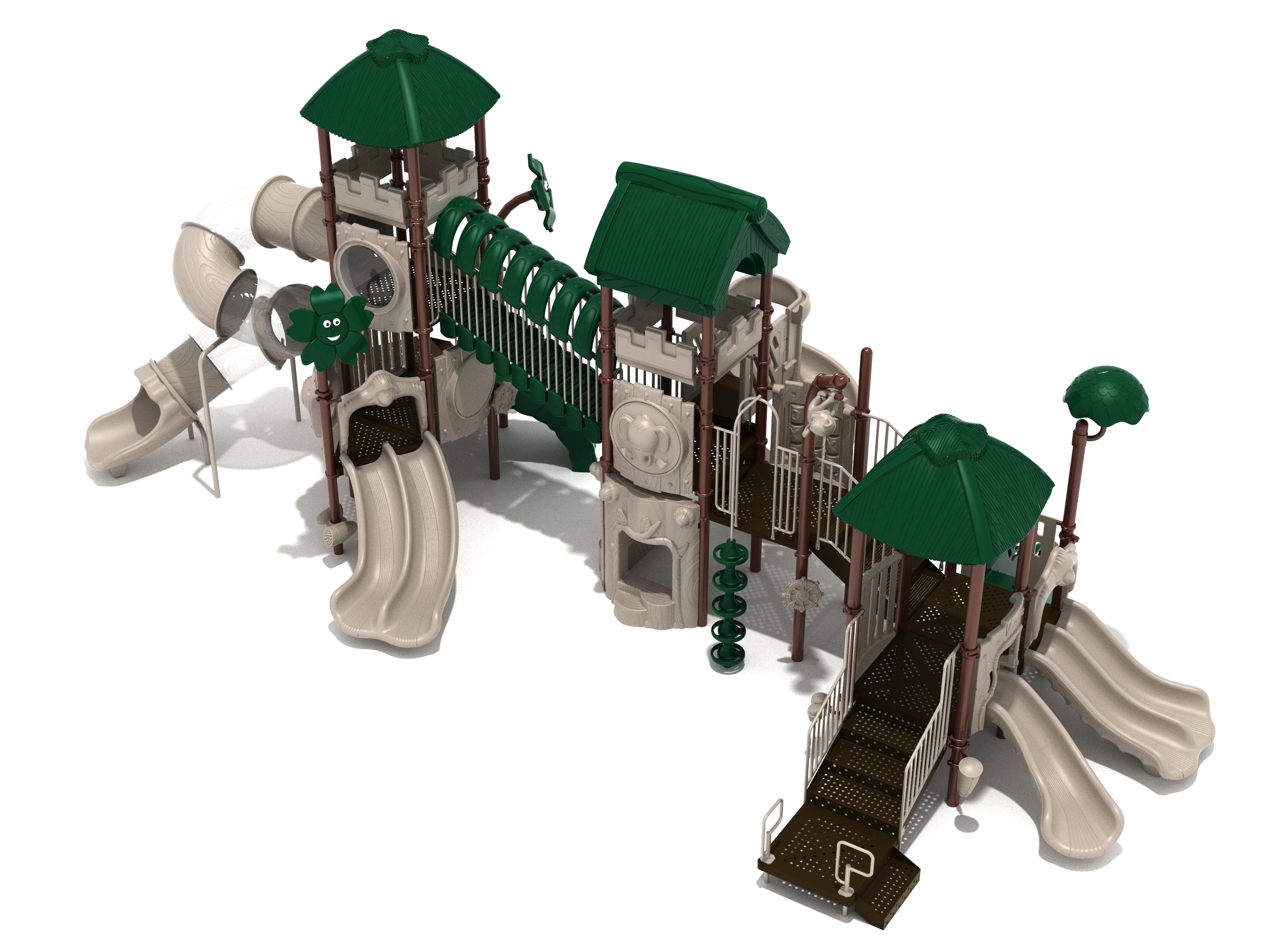 Multi-level jungle-themed playground with green roofs, spiral tube slide, multiple slides, animal panels, and interactive play elements.