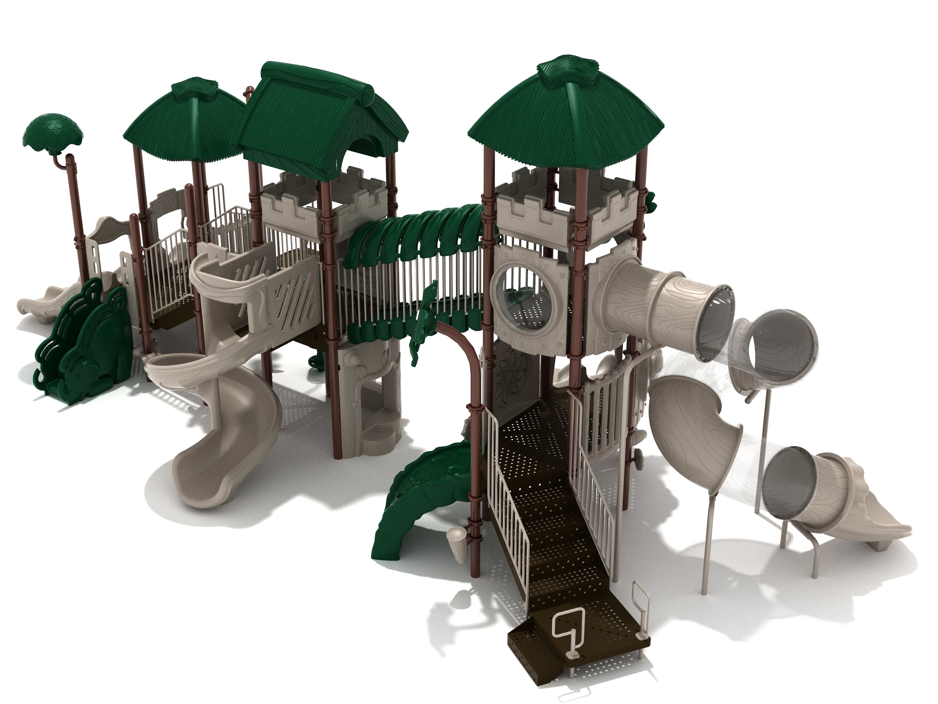 Multi-level jungle-themed playground with green roofs, spiral and tube slides, climbing elements, bubble windows, and interactive panels.
