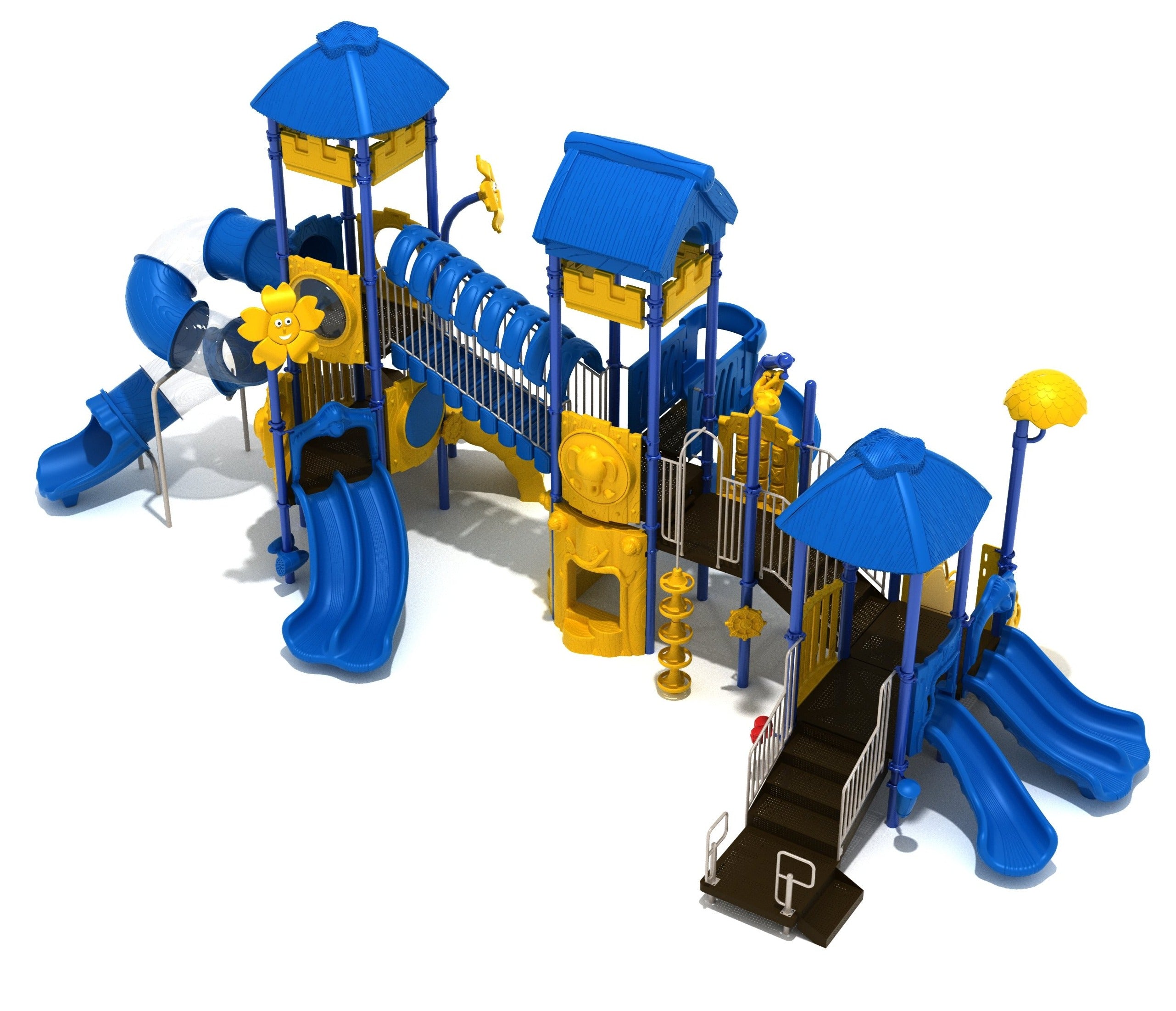 Multi-level blue and yellow jungle-themed playground with spiral tube slide, double slides, animal and flower panels, and activity drums