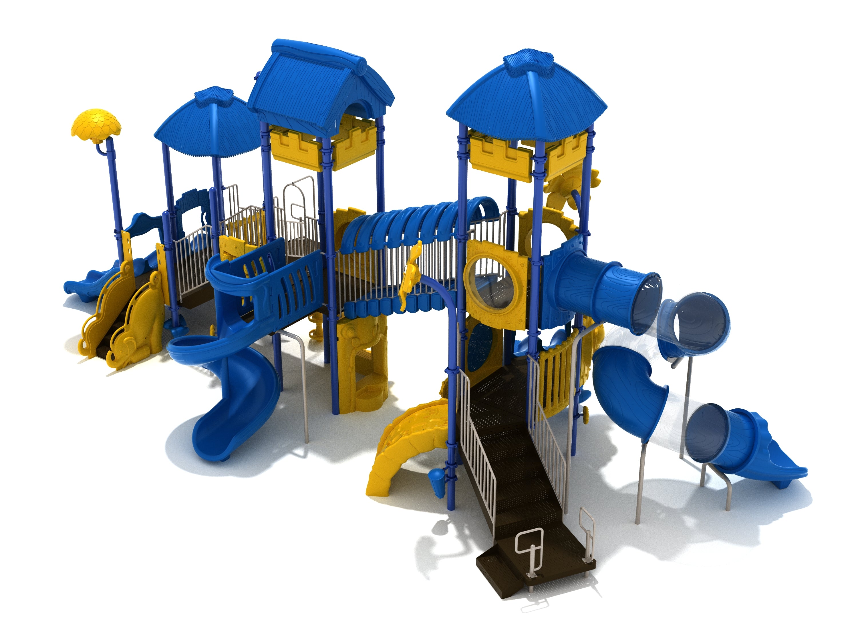 Blue and yellow multi-level jungle-themed playground with spiral tube slide, double slides, climbing elements, and interactive panels.
