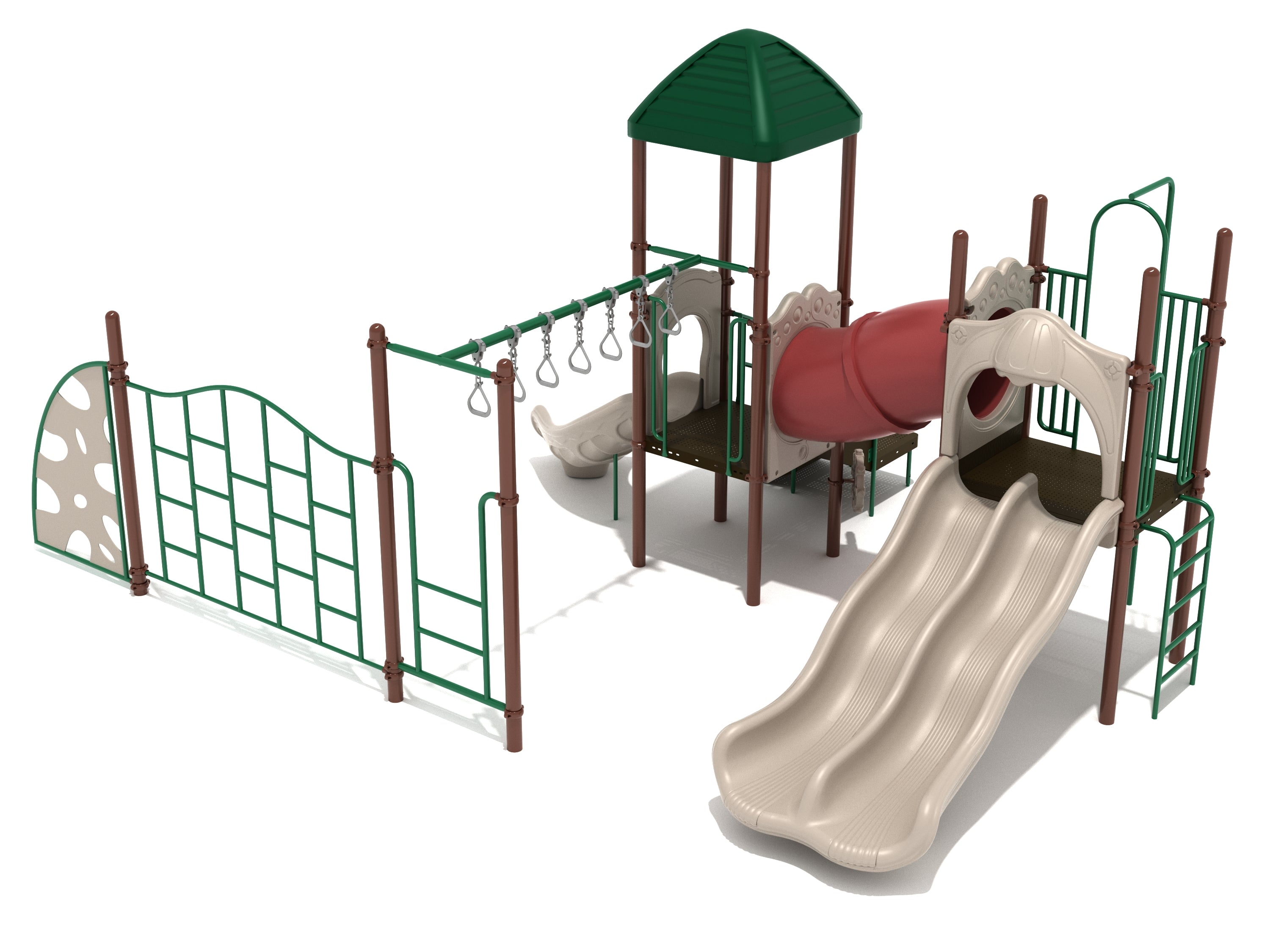 Playground structure with double wave slide, climbing wall, overhead swinging rung ladder, and green-beige tube bridge