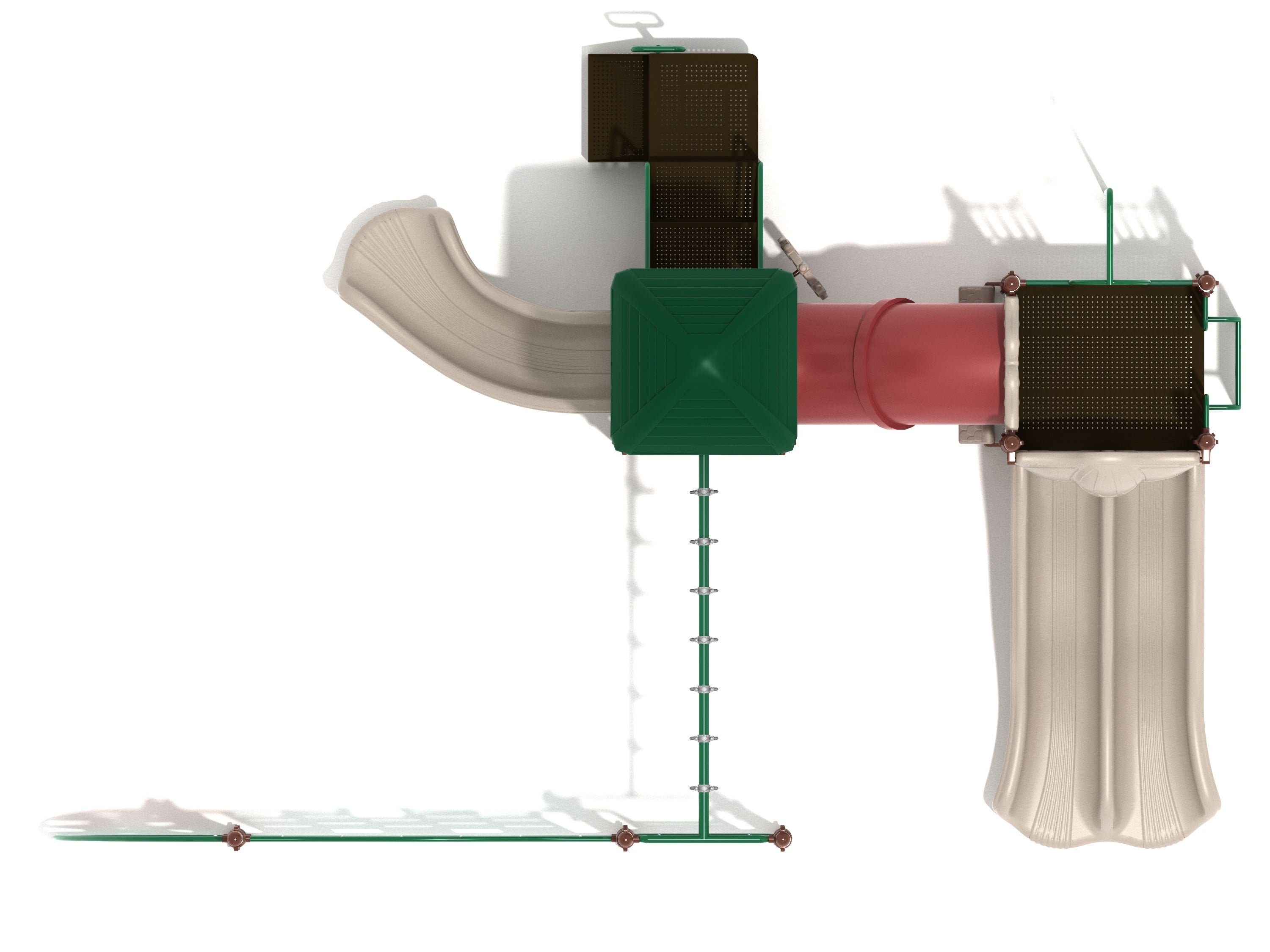 Overhead view of a large playground with two slides, red tube bridge, climbing ladder, and green roofed platforms