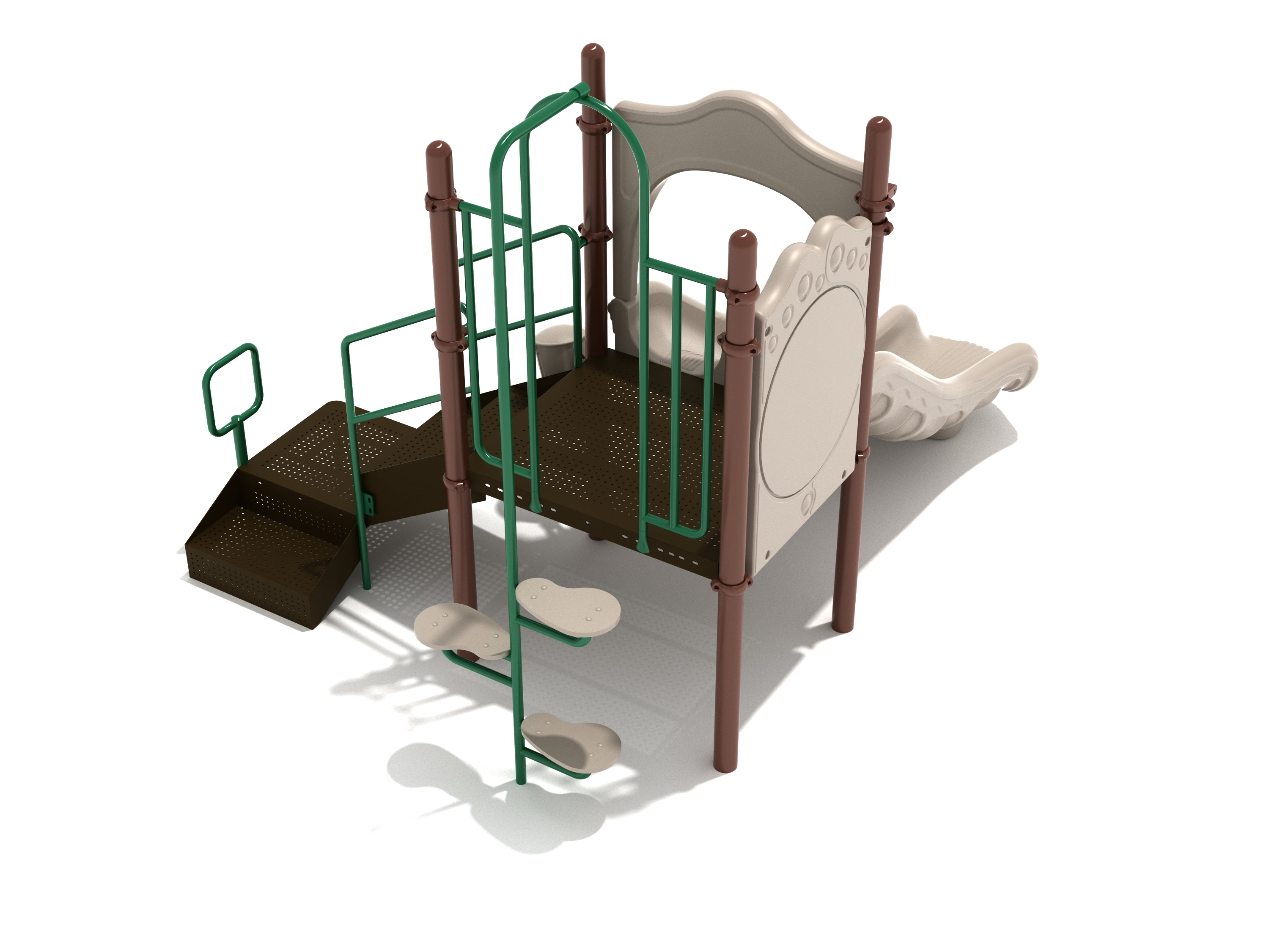 Compact playground structure with beige double slide, green bean pod climber steps, brown platform, safety barrier wall, and ship's wheel