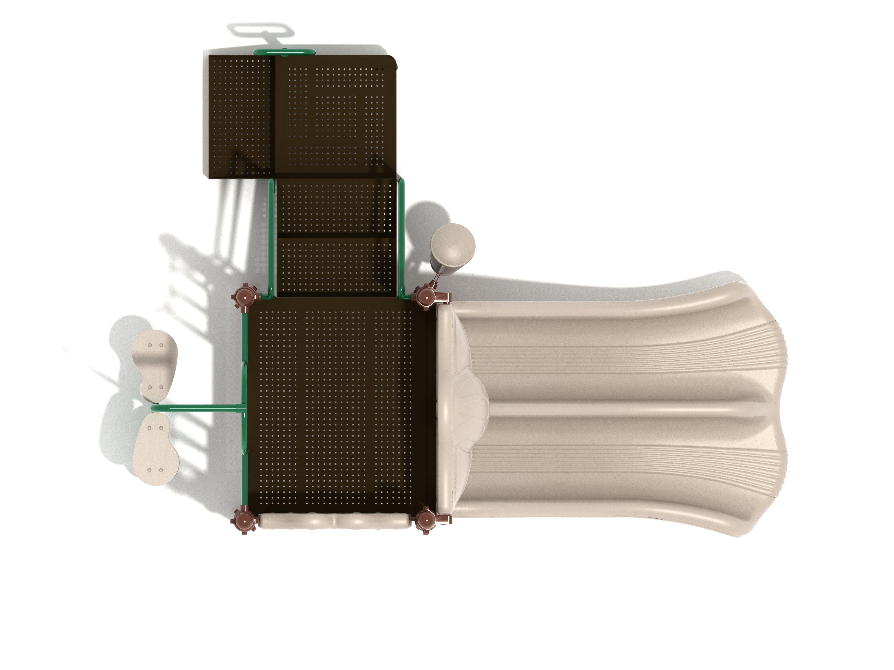 Overhead view of compact playground with double beige slides, brown platforms, green railings, and ground-level musical instruments