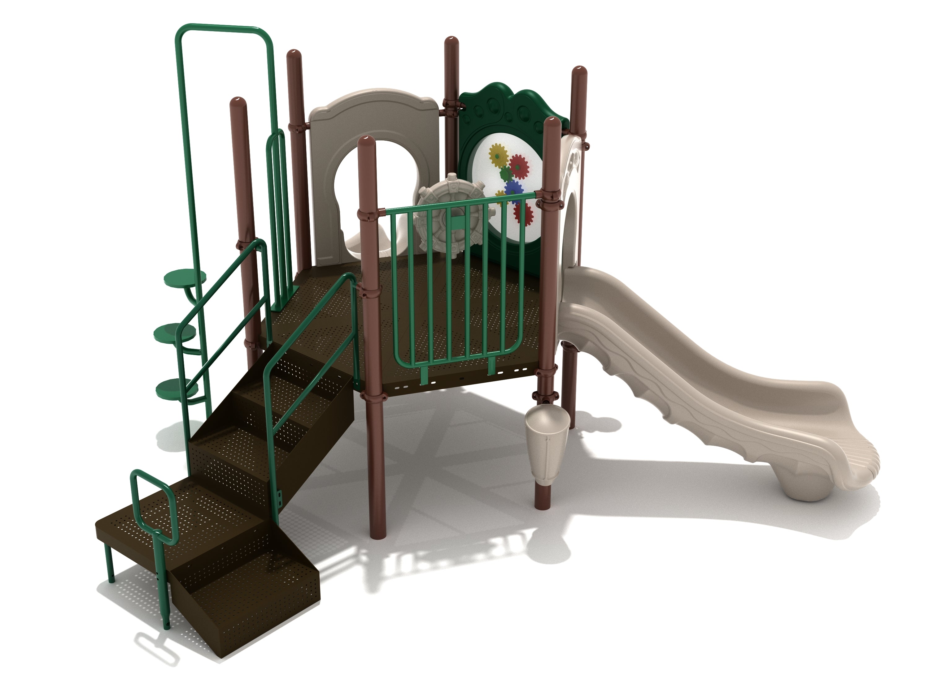 Hexagonal playground deck with stairs, double slides, gear panel, ship's wheel, and accessible musical drum set
