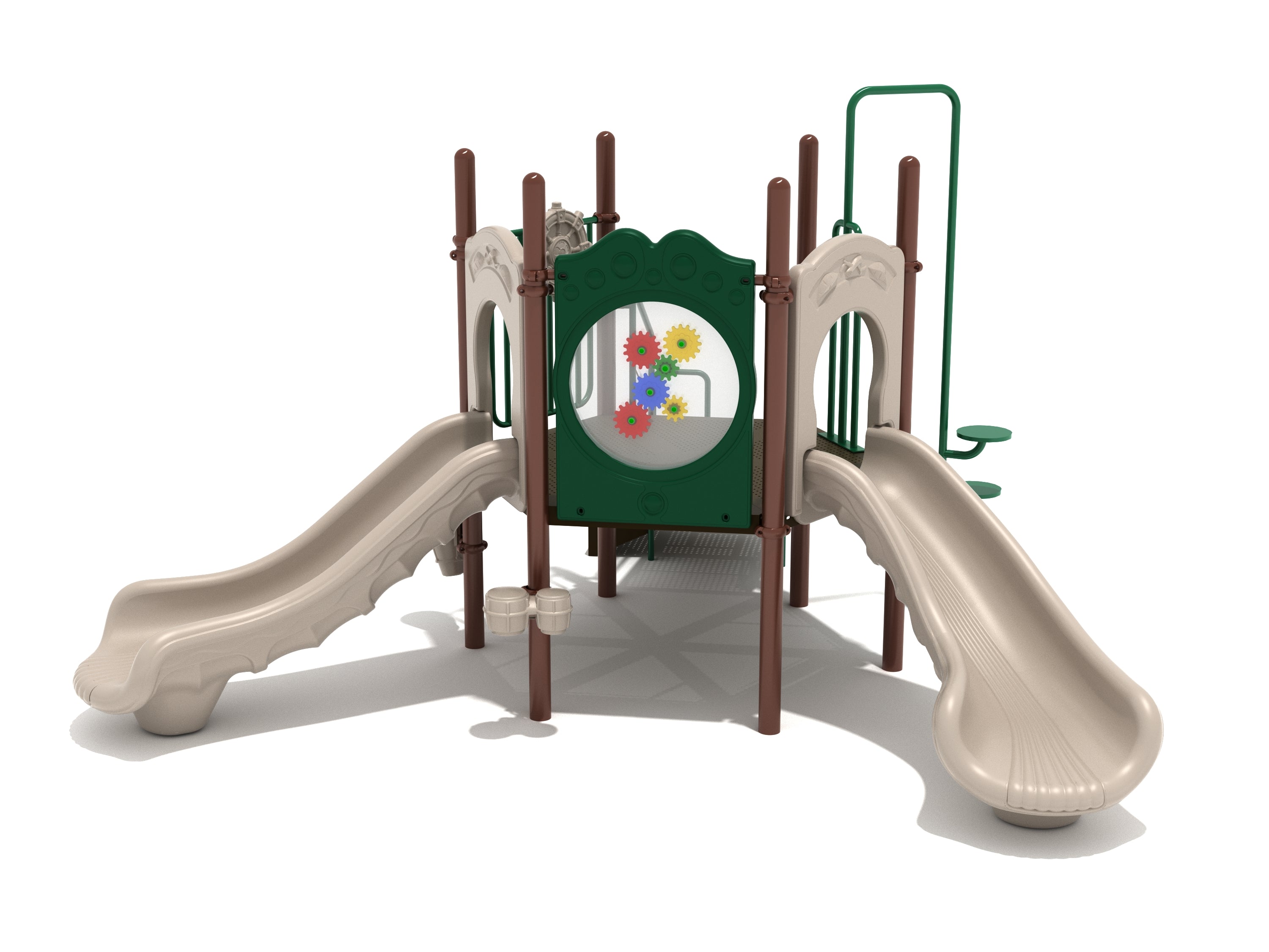 Playground structure with beige slides, green gear panel with colorful gears, brown posts, and accessible musical drums.