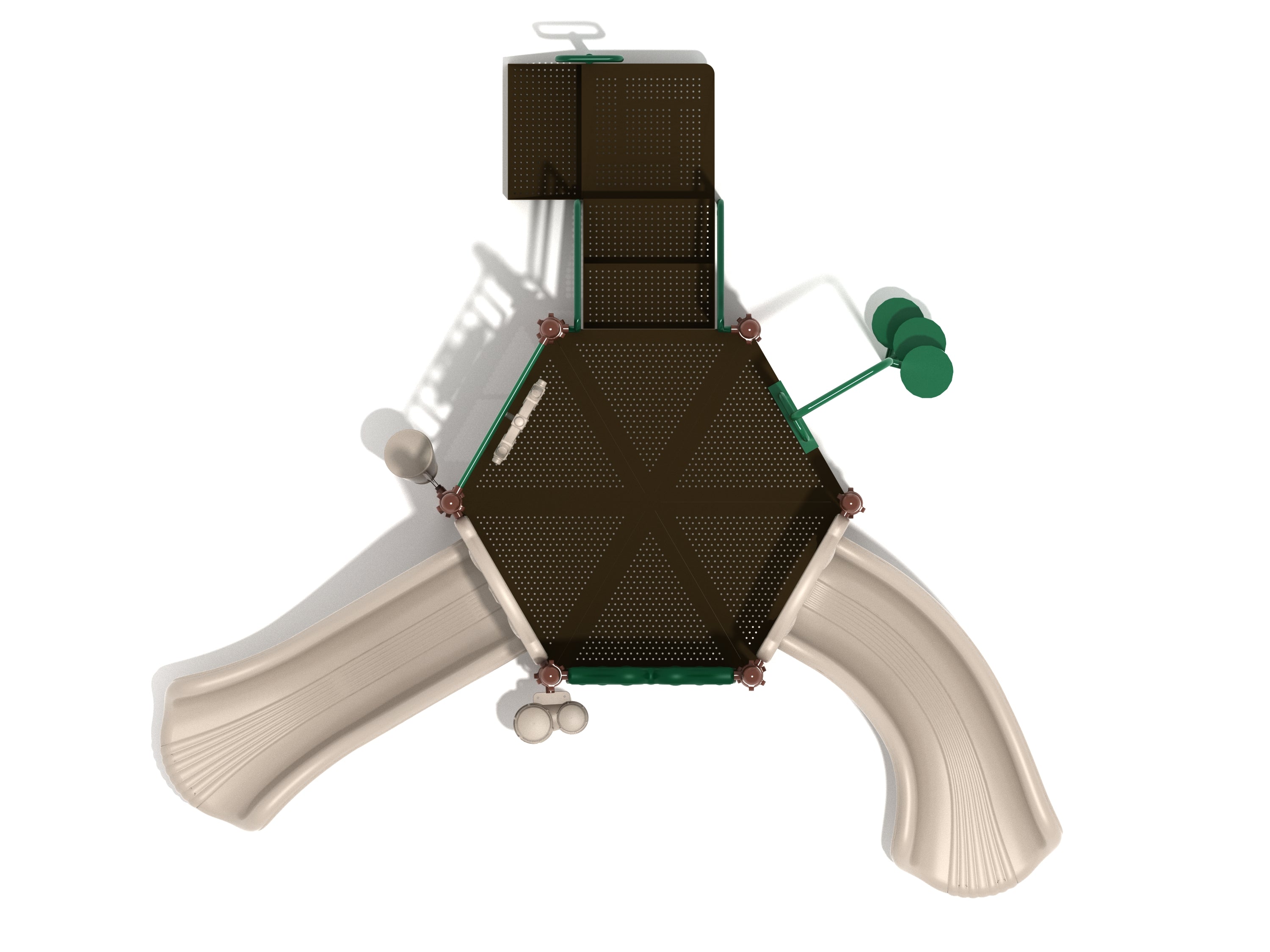 Overhead view of hexagonal playground deck with two beige slides, climbing structures, gear panel, ship’s wheel, and musical play elements