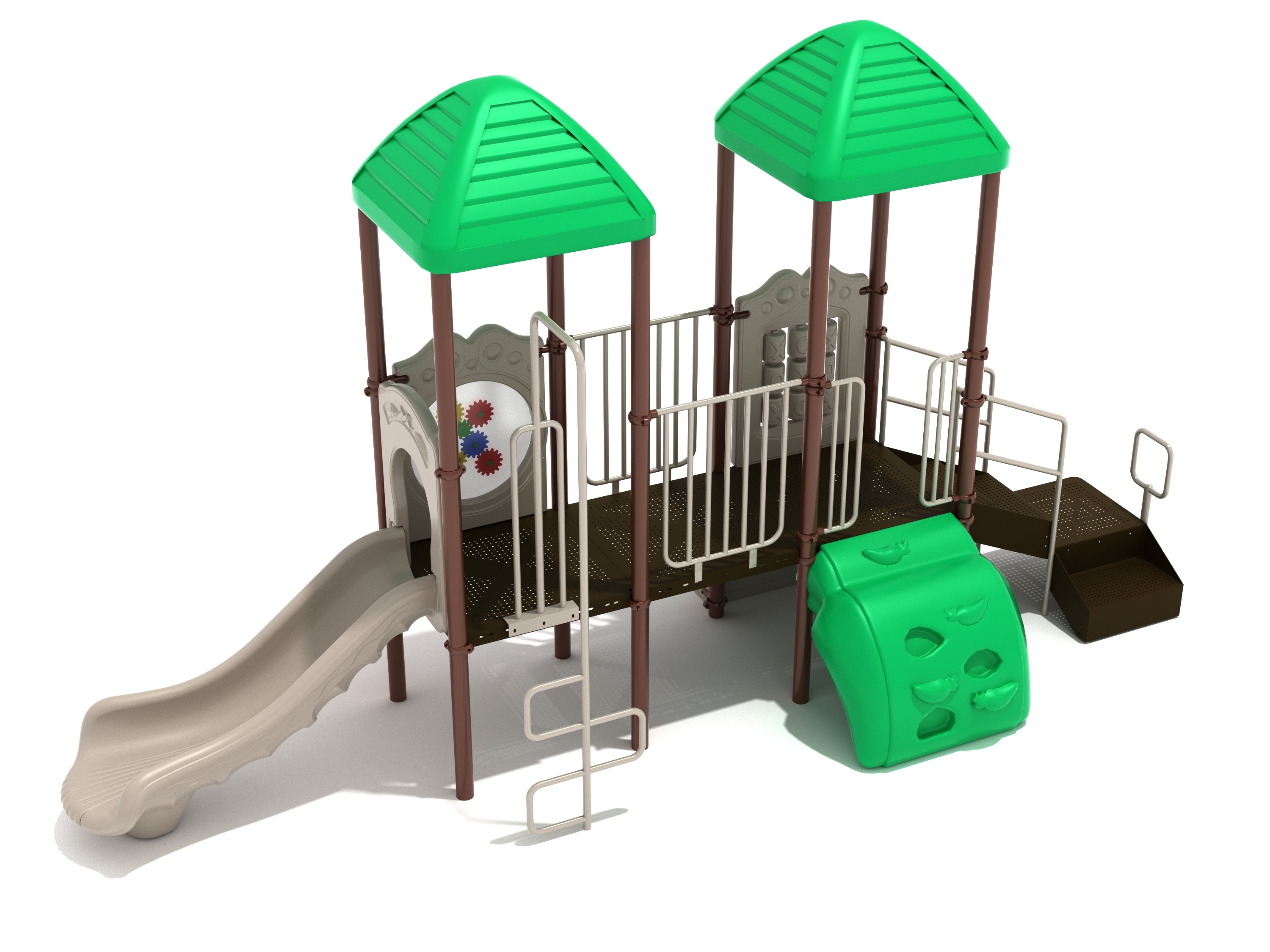 Playground structure with two green roofs, beige slide, climbing wall, gear and tic-tac-toe panels, and metal ladder.
