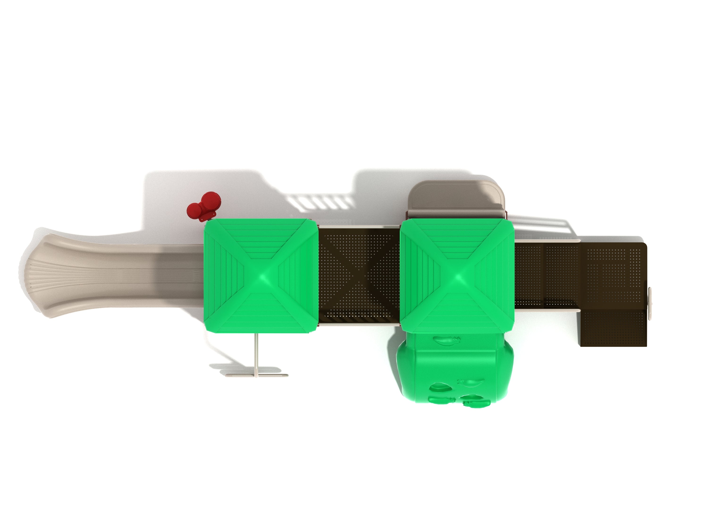 Overhead view of playground structure with green roofs, beige slide, activity panels, and climbing elements including arched and vertical climbers