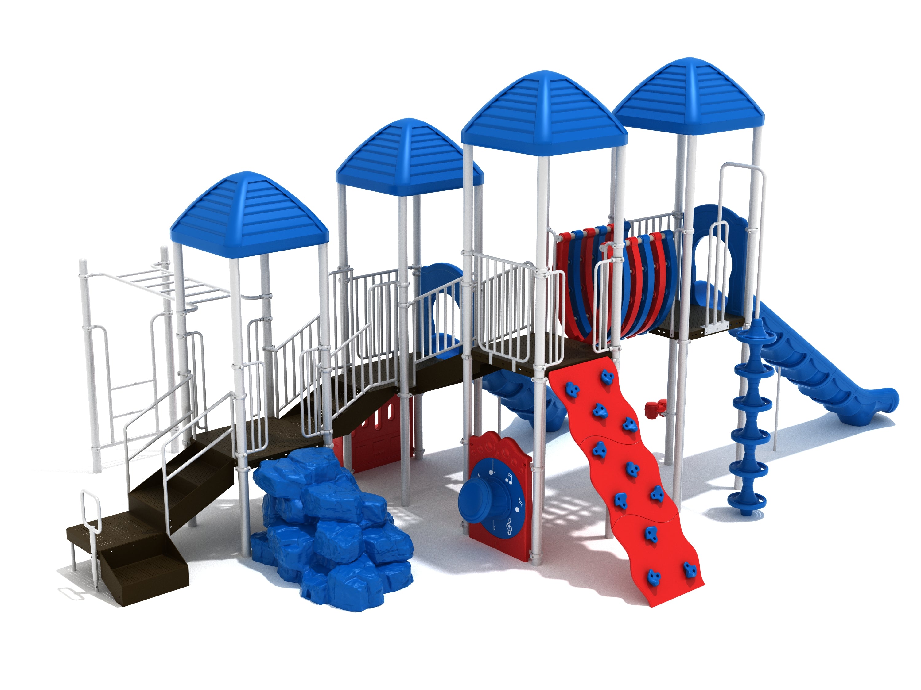 Large commercial play system with four towers, ramp, bone bridge, climbing wall, overhead ladder, slides, boulder climber