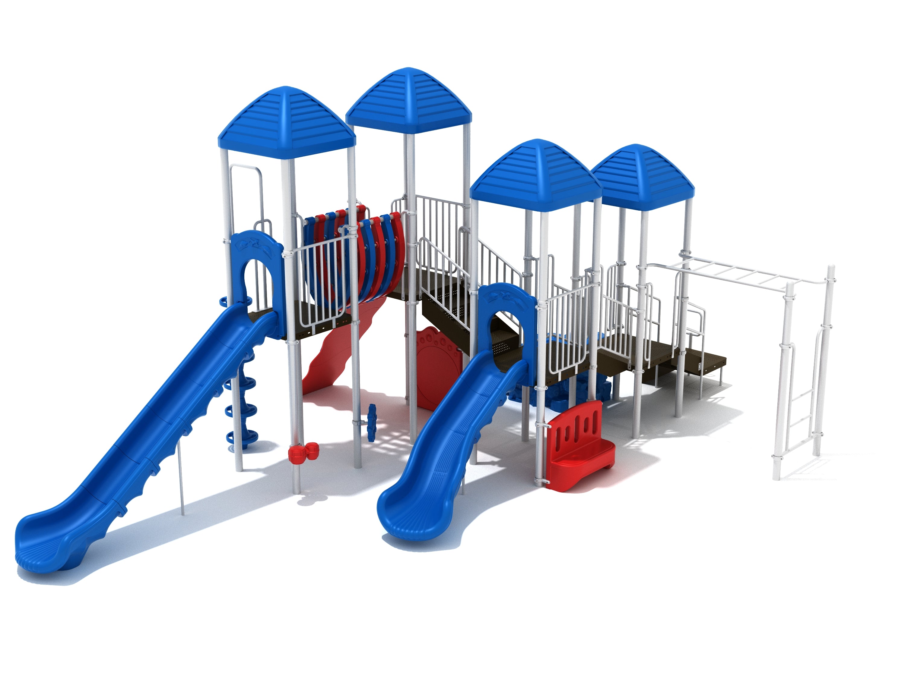 Commercial outdoor playground set with blue-roofed towers, slides, bridge, spiral climber, monkey bars, and red bench panel.