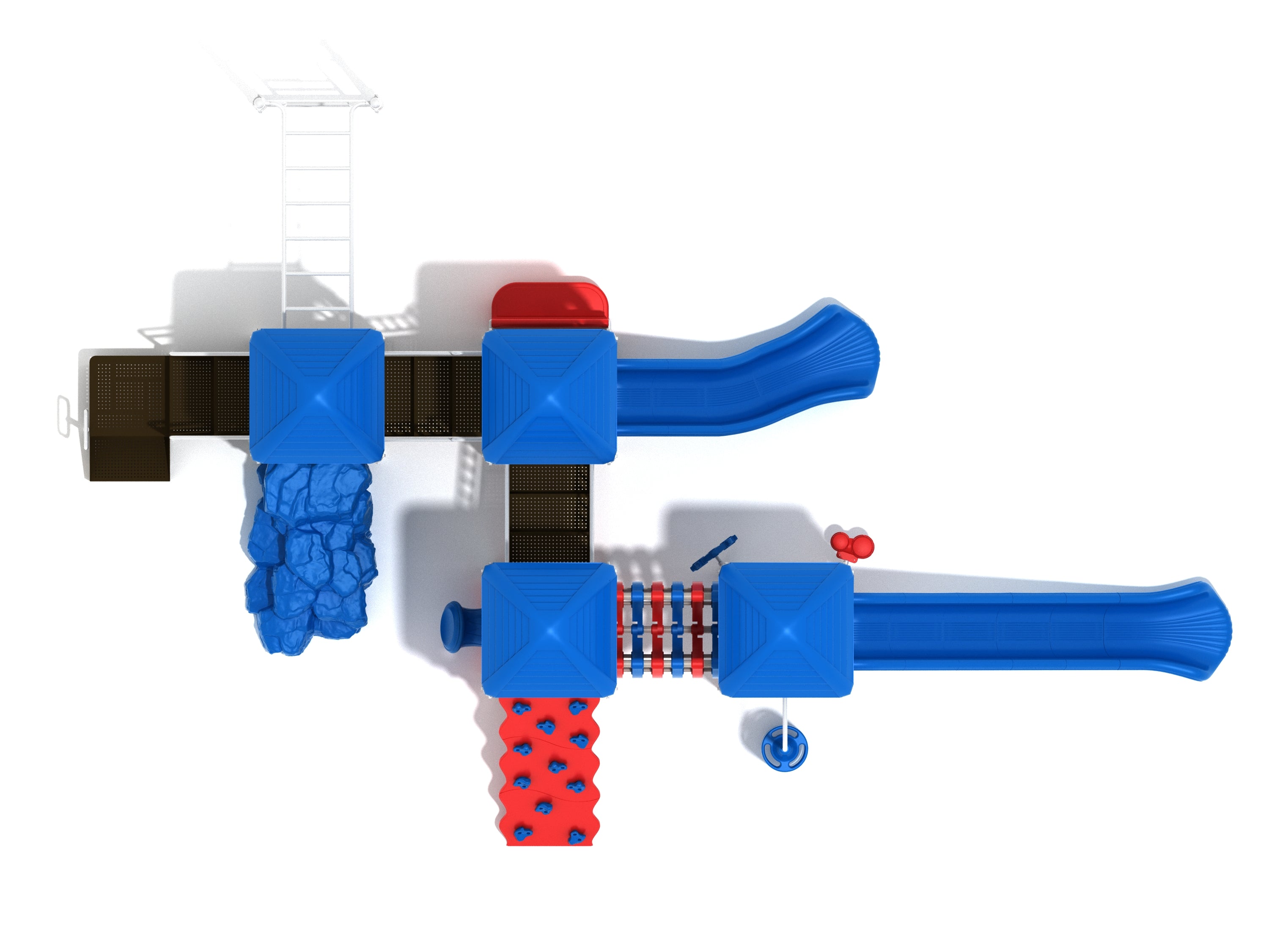 Overhead view of commercial playground with towers, slides, climbing wall, boulder climber, overhead ladder, ship's wheel