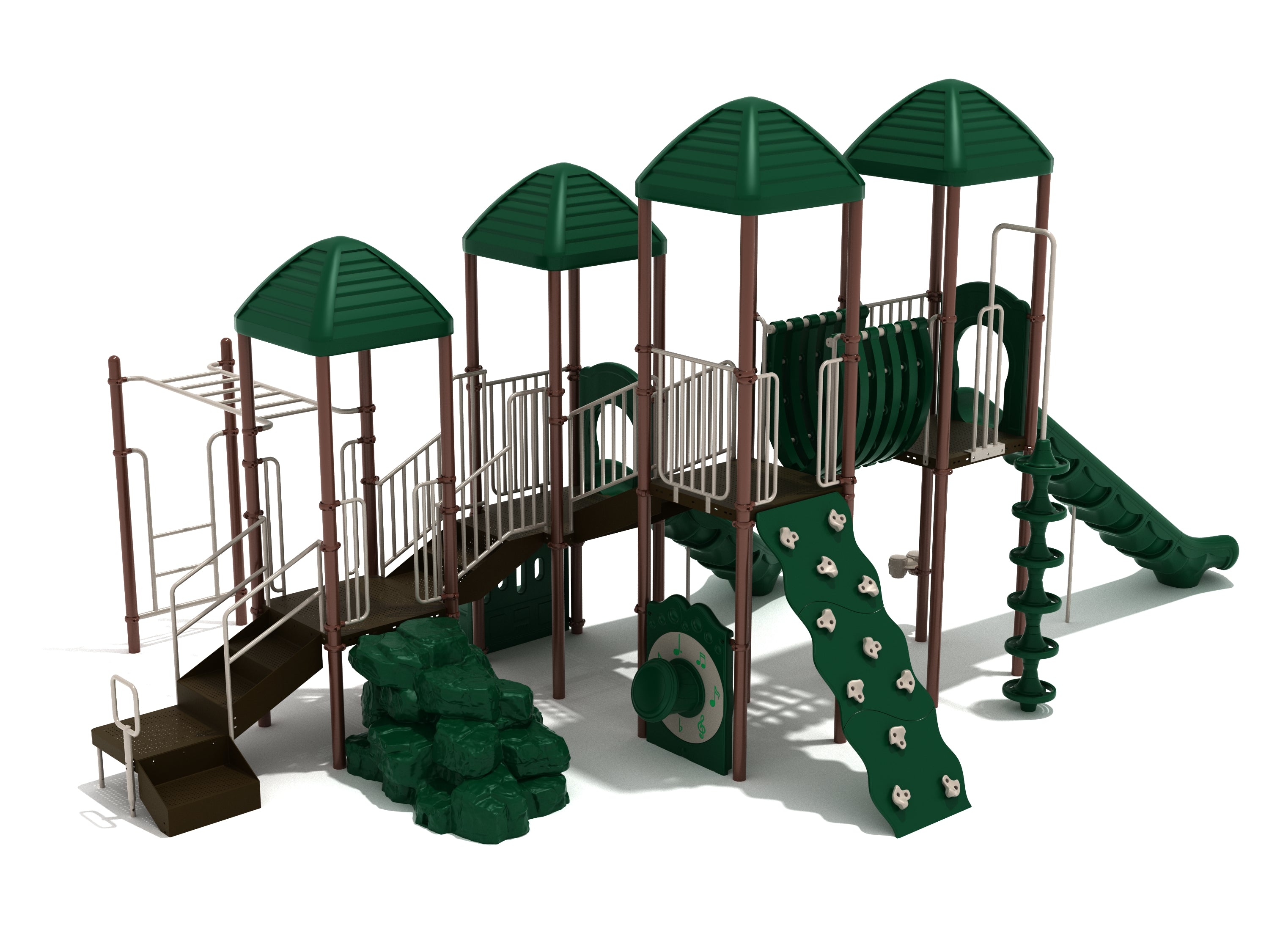 Commercial playground playset with multi-tower design, green roofs, slides, climbing wall, overhead ladder, spiral climber