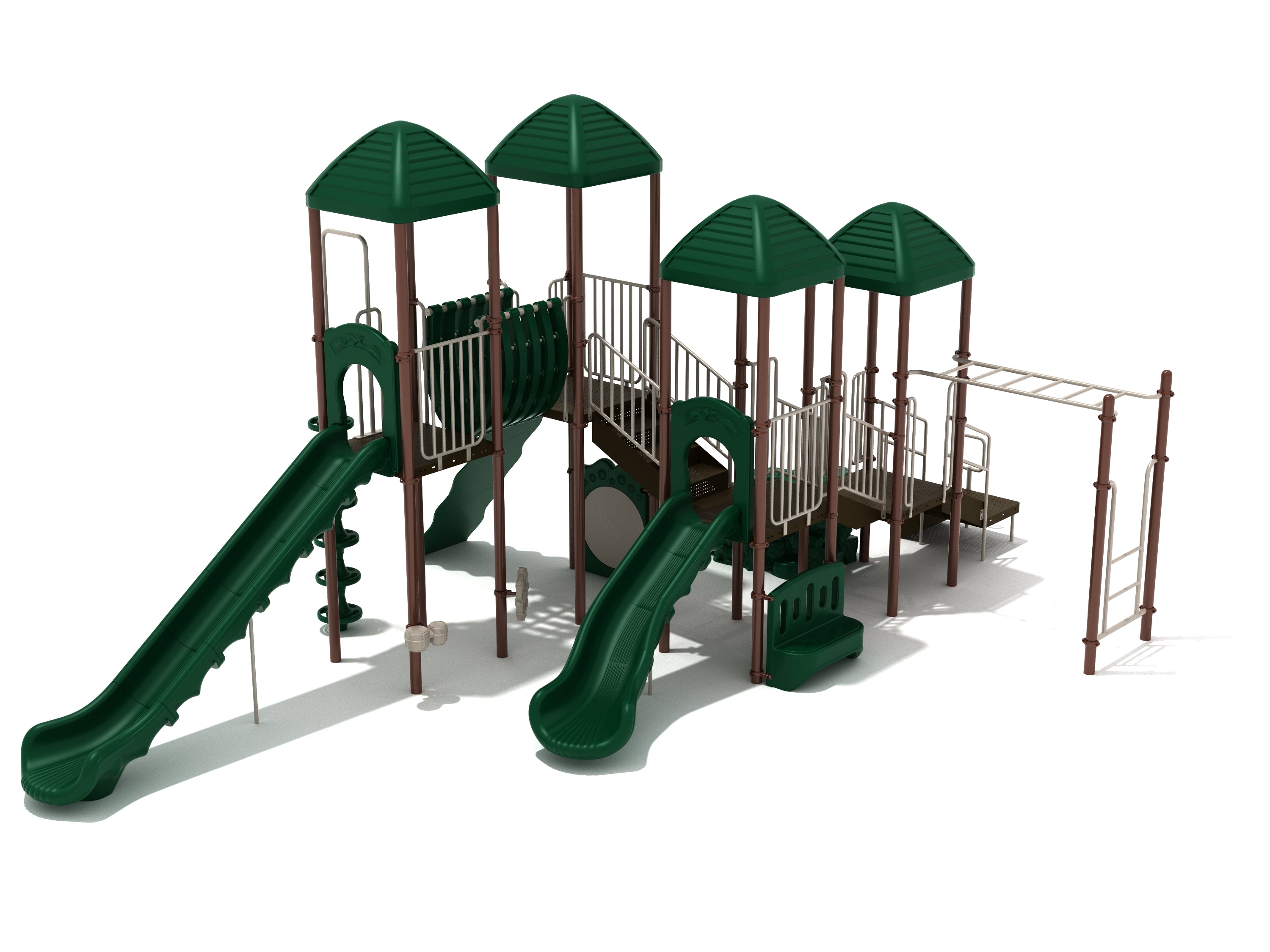 Green and brown multi-tower commercial playground with straight and curved slides, tunnel bridge, climber, and monkey bars.