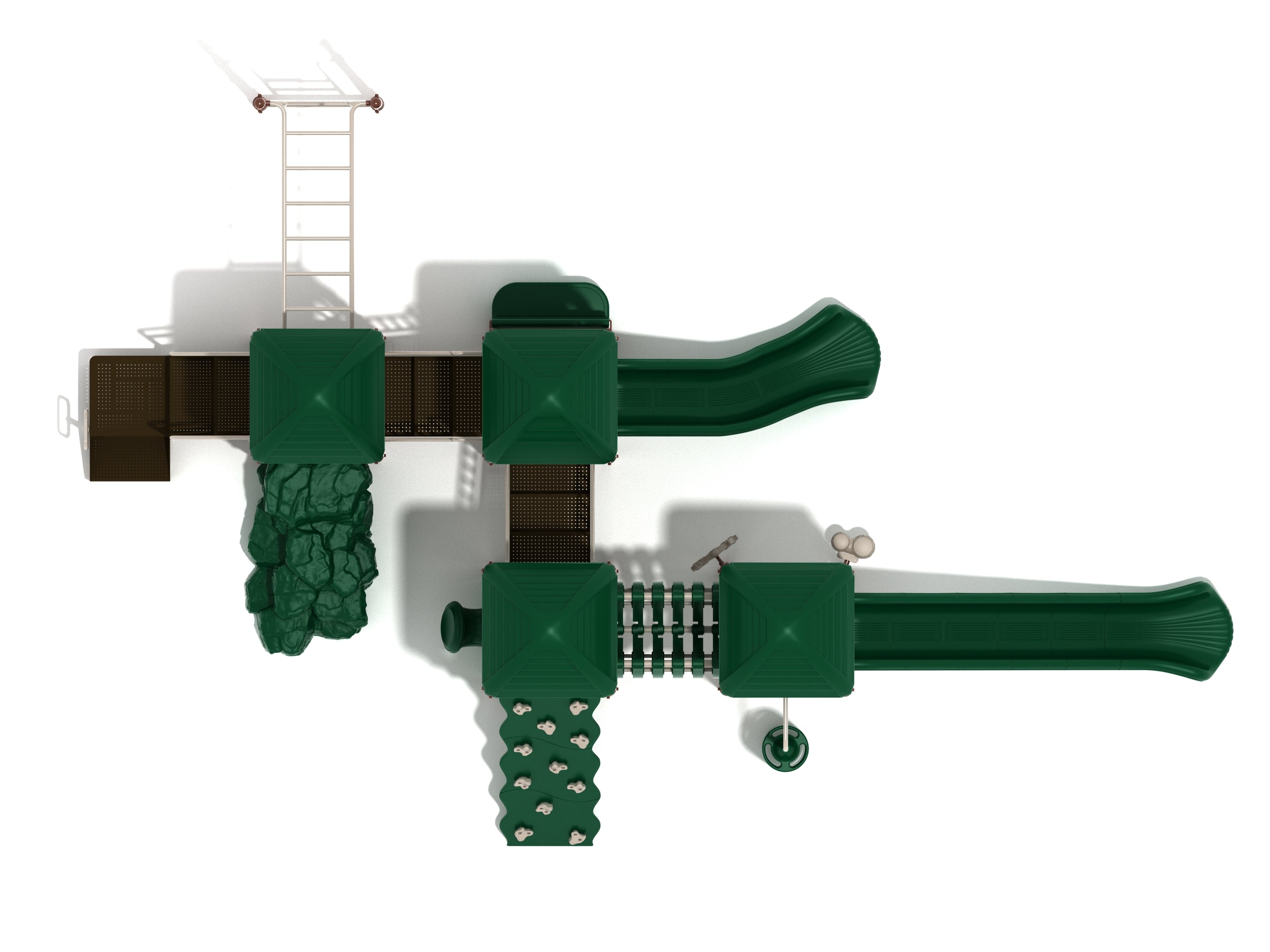 Aerial view of commercial playground with green roofs, twin slides, boulder climber, climbing wall, overhead ladder
