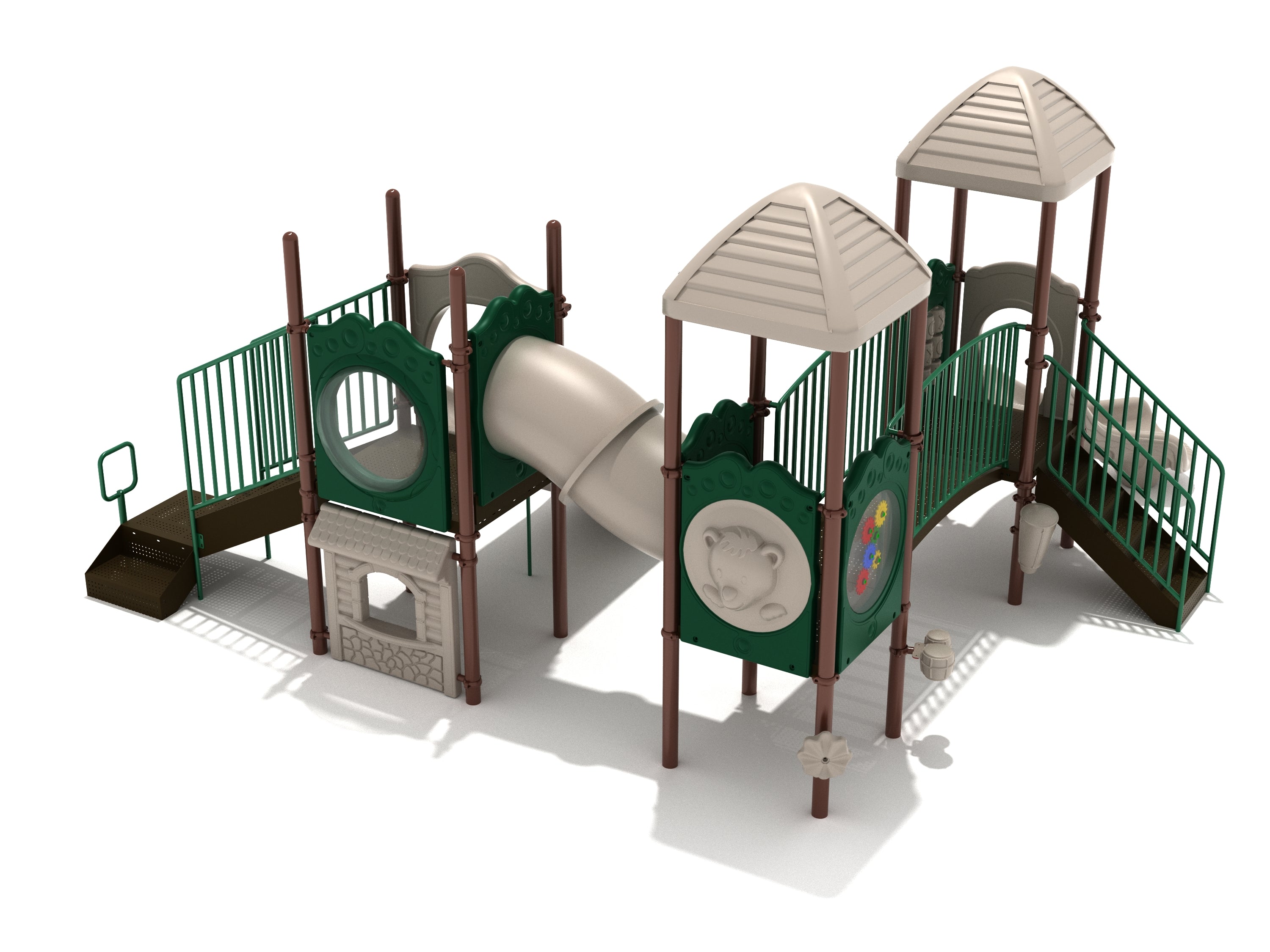 L-shaped playground with two slides, stairs, covered platforms, and activity panels featuring bear face, gears, and tic-tac-toe game